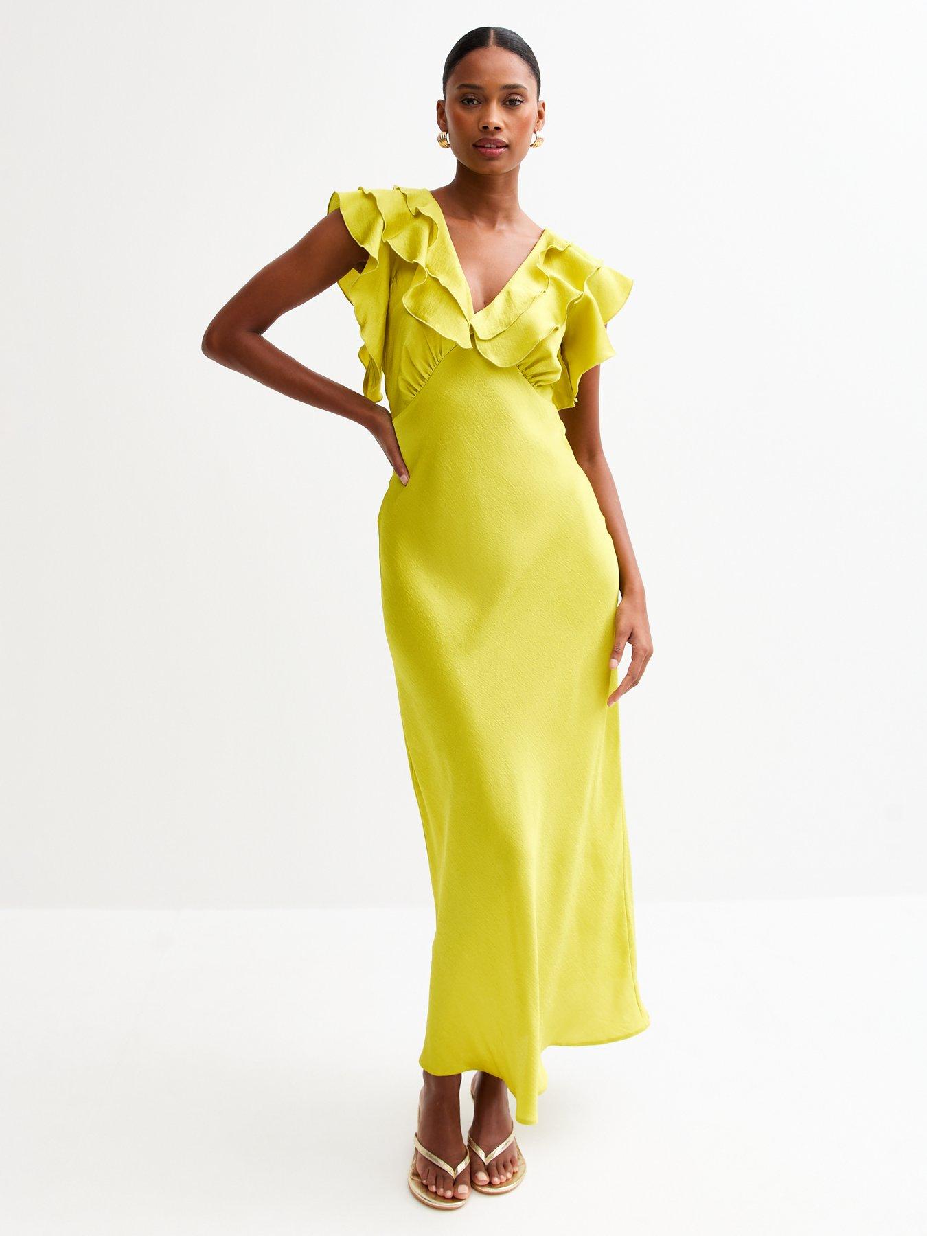 undefined Light Green Satin Ruffled Midi Dress