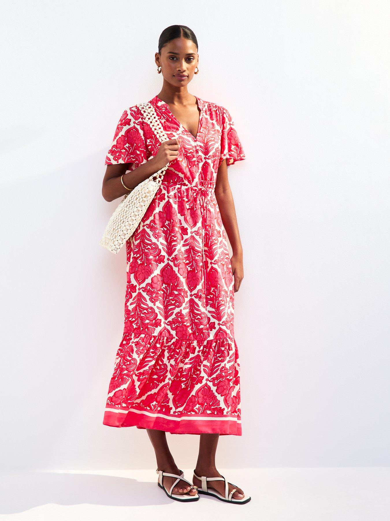 undefined Tile Print Drawstring Midi Shirt Dress - Pink