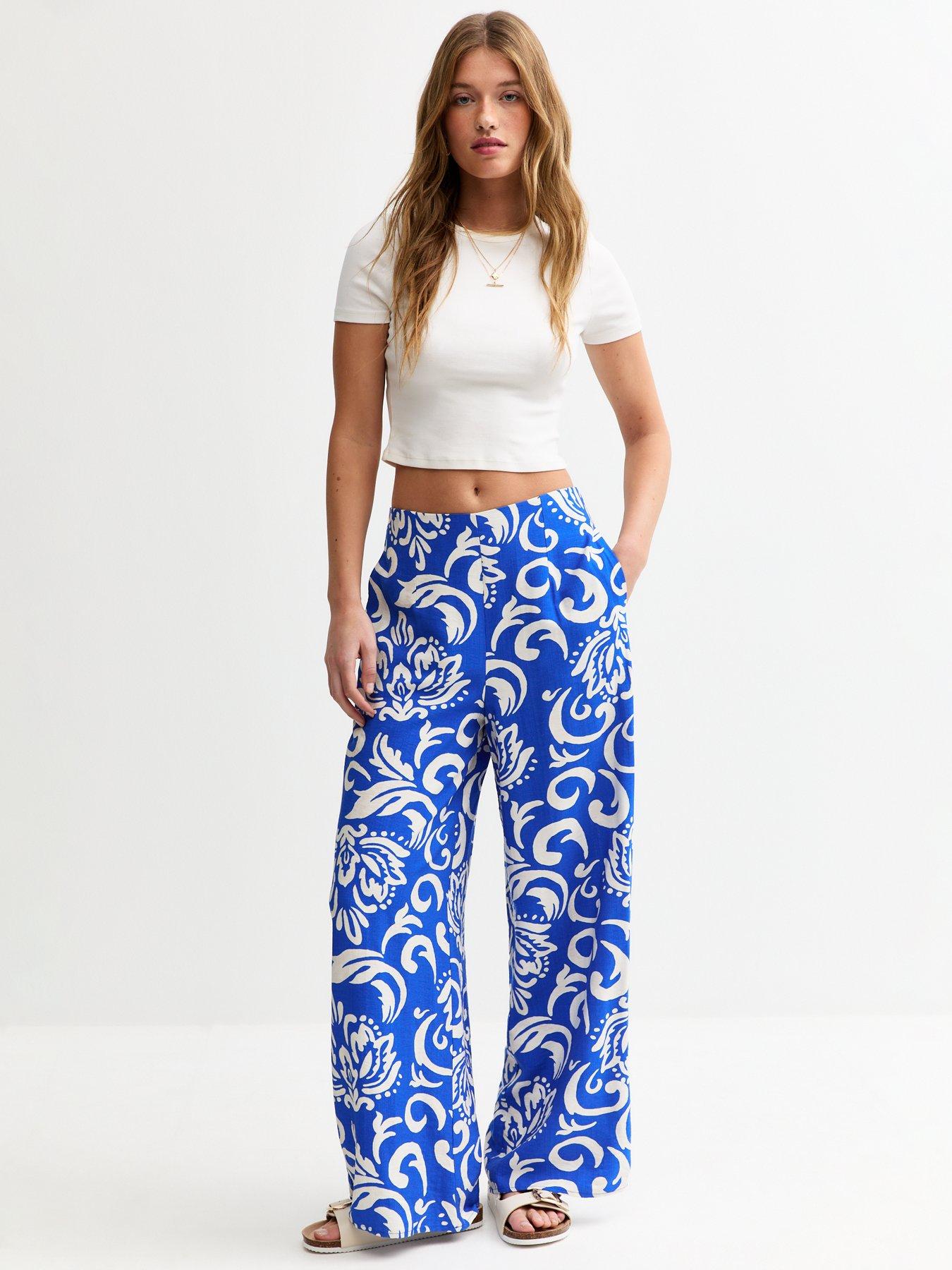 undefined Blue Floral Print Wide Leg Trousers