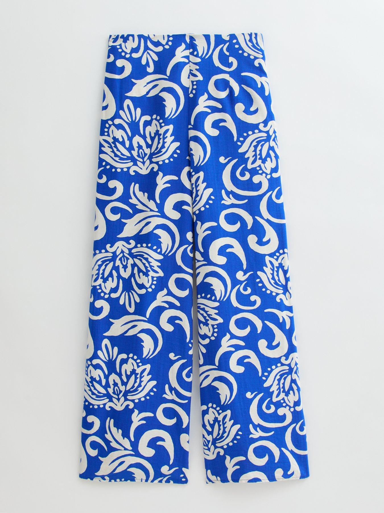 Fresh White and Blue High-Rise Printed Trousers