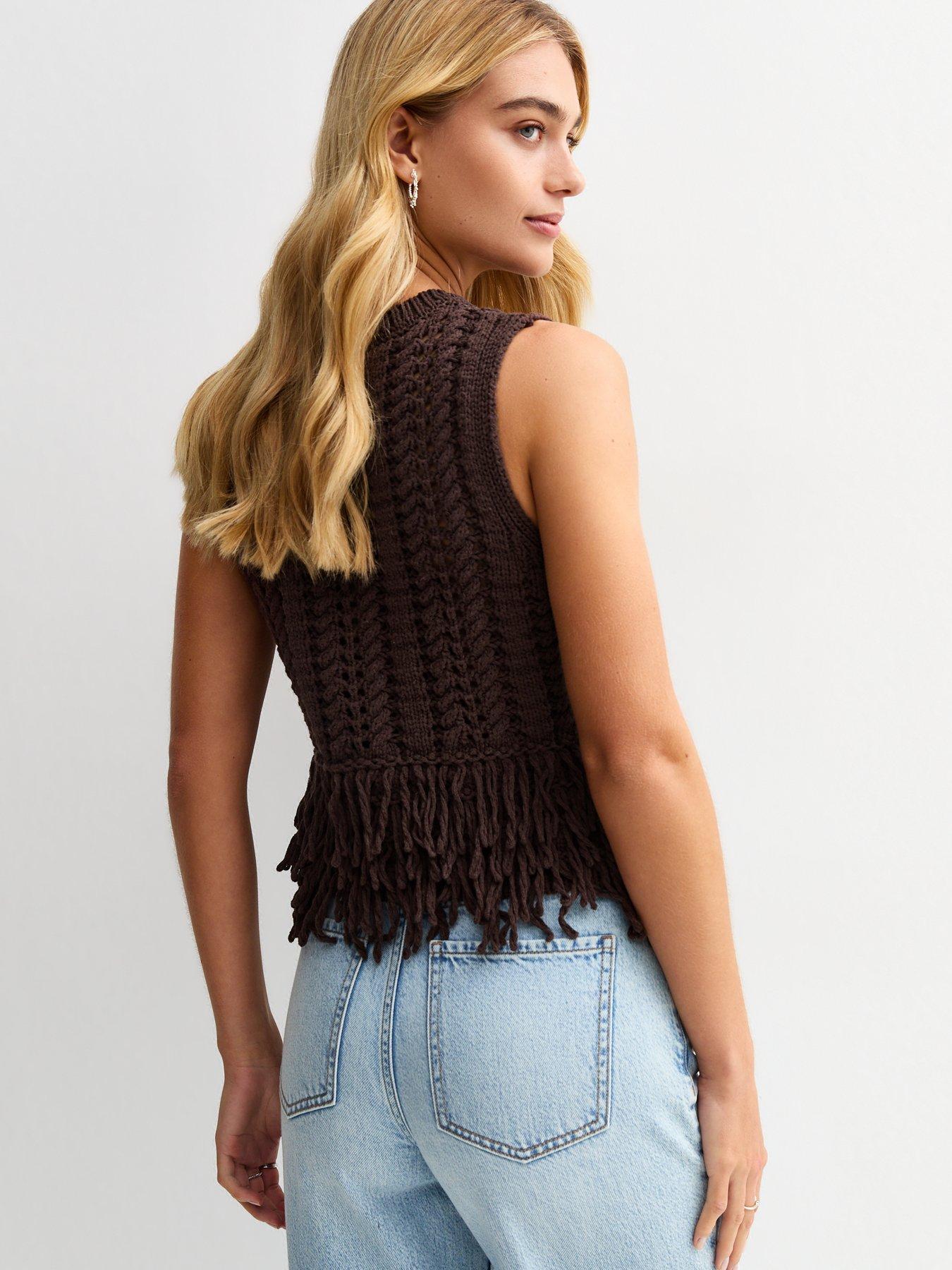 Image 2 of 4 of New Look Dark Brown Open Knit Fringe Trim Sleeveless Vest