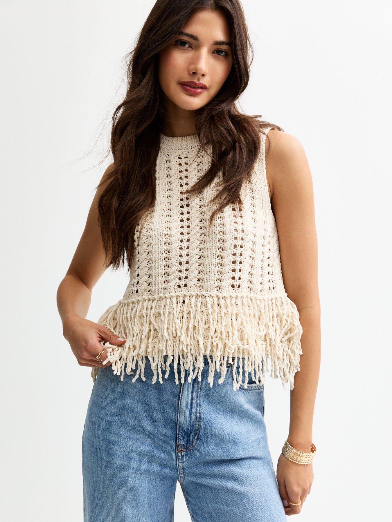 New Look Open Knit Fringe Trim Sleeveless Vest Cream Very