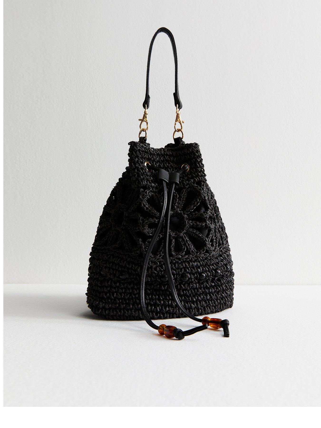 undefined Floral Woven Raffia Drawstring Bucket Bag - Black
