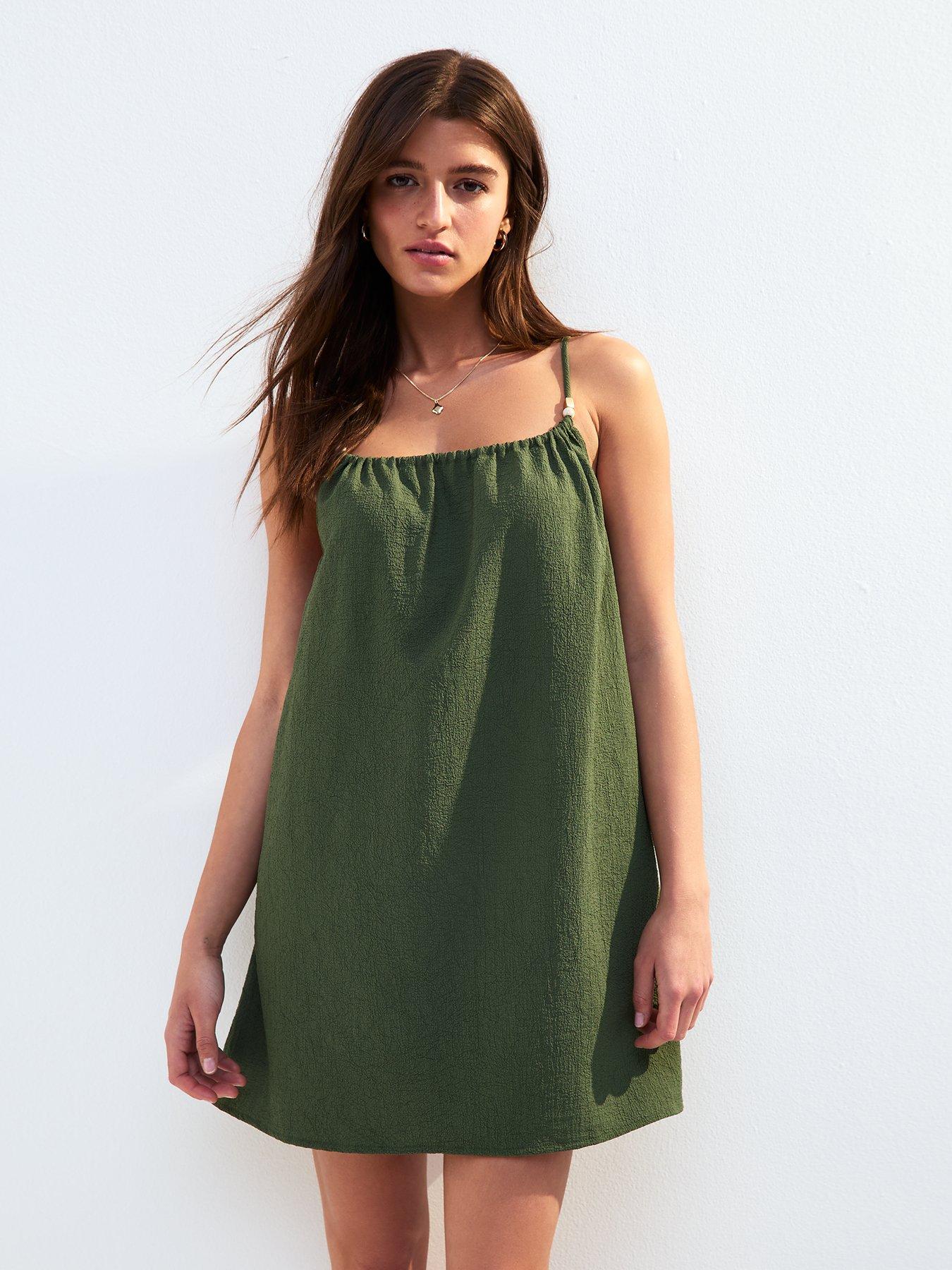 Image of New Look Khaki Textured Beaded Strap Beach Mini Dress