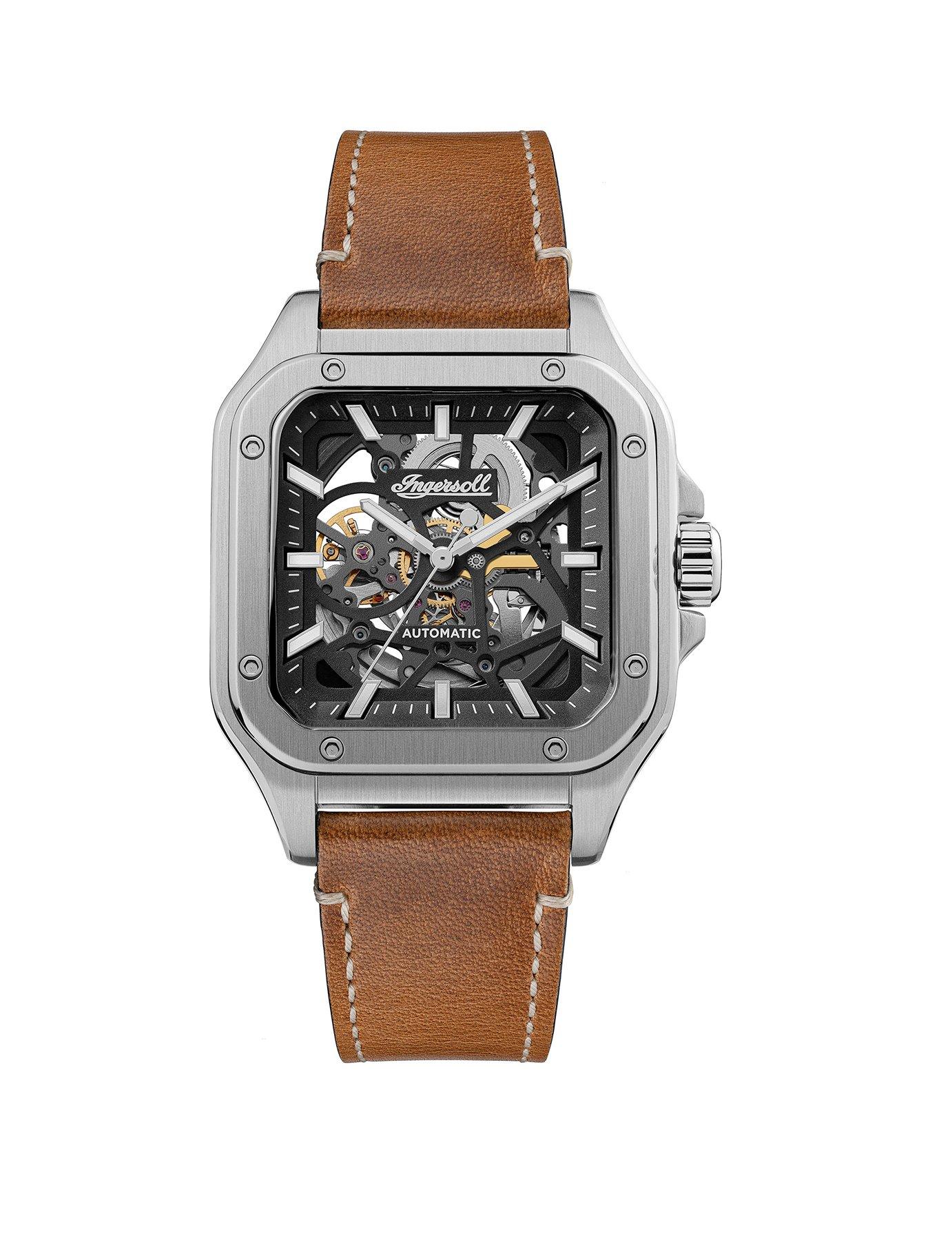 Ingersoll Gents Automatic Watch, Black dial Square Stainless Steel case and Brown Leather Strap