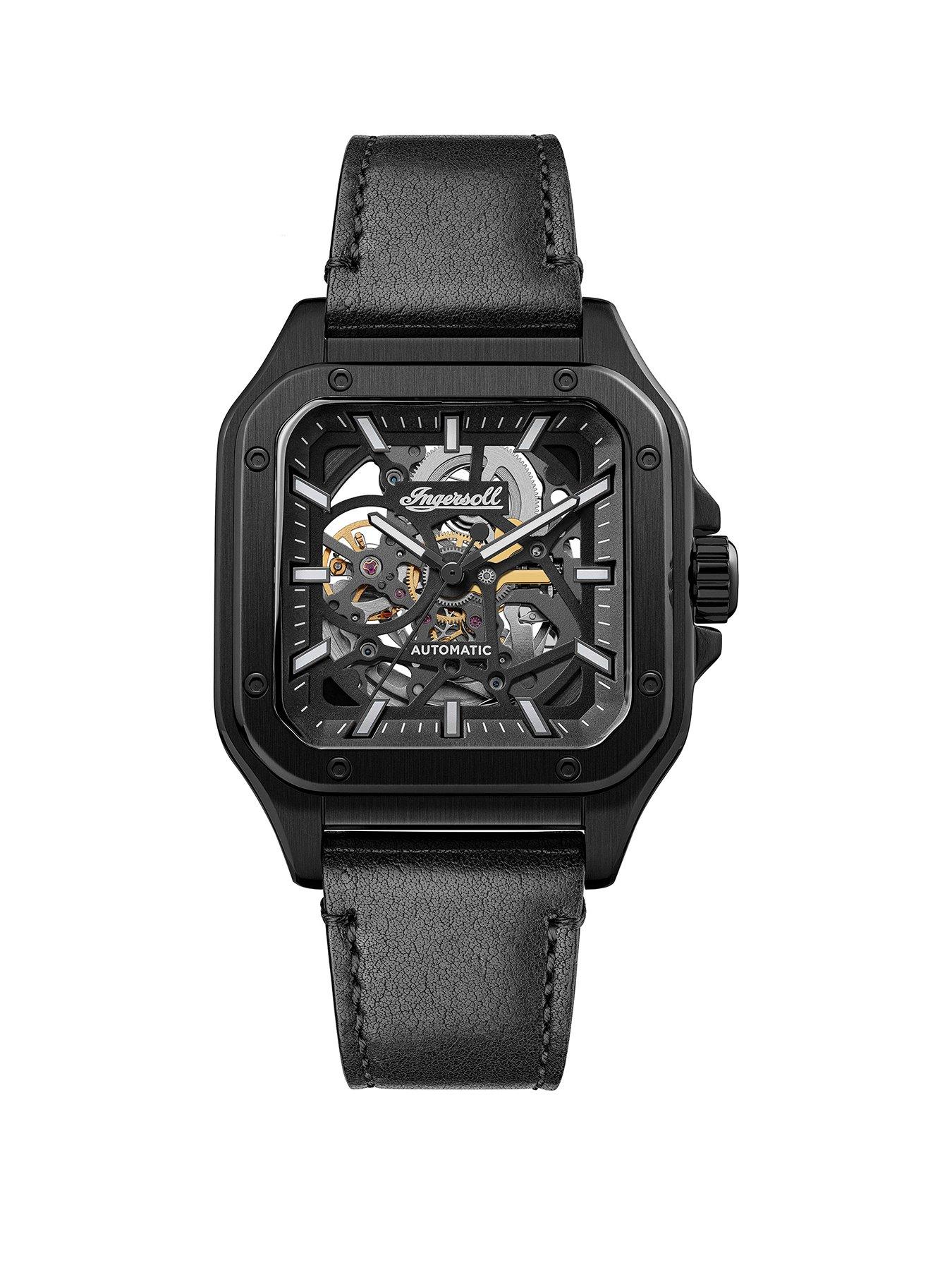 Ingersoll Gents Automatic Watch, Black dial Square Stainless Steel case and Black Leather Strap