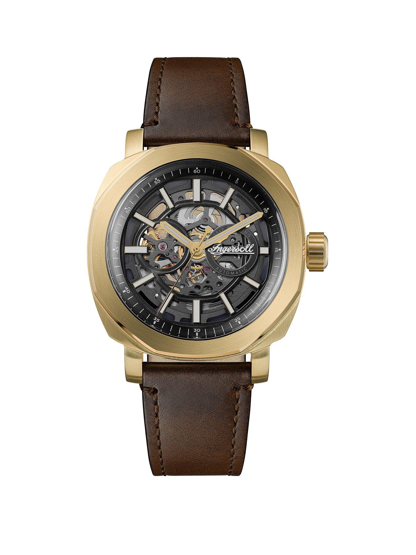 Ingersoll Outrider Gents Automatic Watch, Black dial, Stainless Steel case and Brown Leather Strap