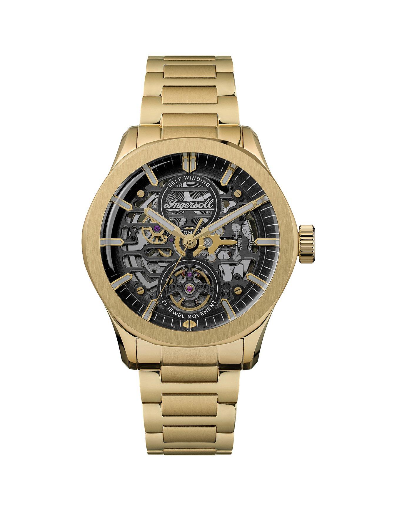 Ingersoll Bronc Automatic Gents Watch, Black Brass dial with Stainless Steel Case and Bracelet in Gold