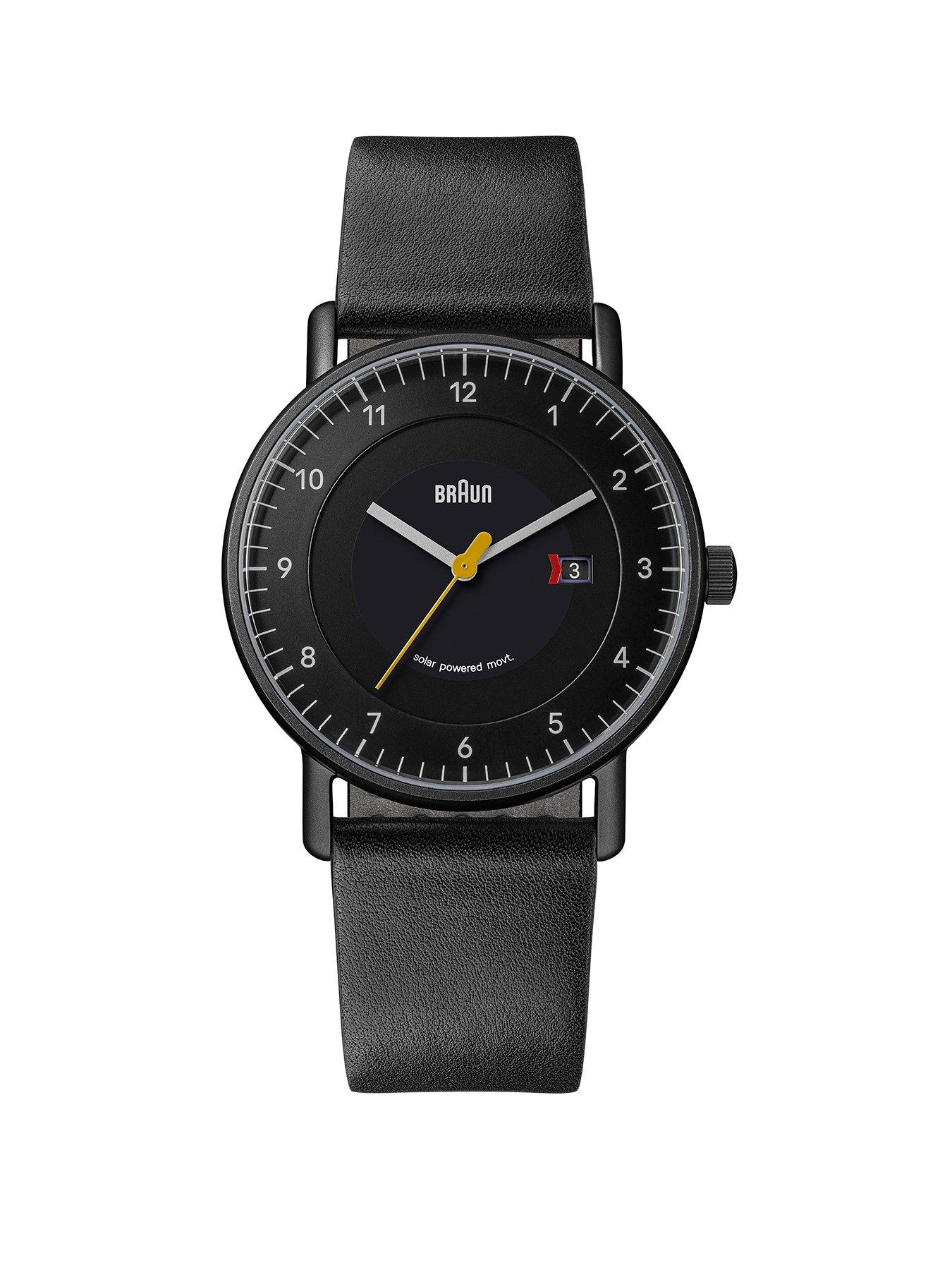 Braun Solar Quartz Watch with Black Dial IP Black Stainless Steel Case Black Leather Strap