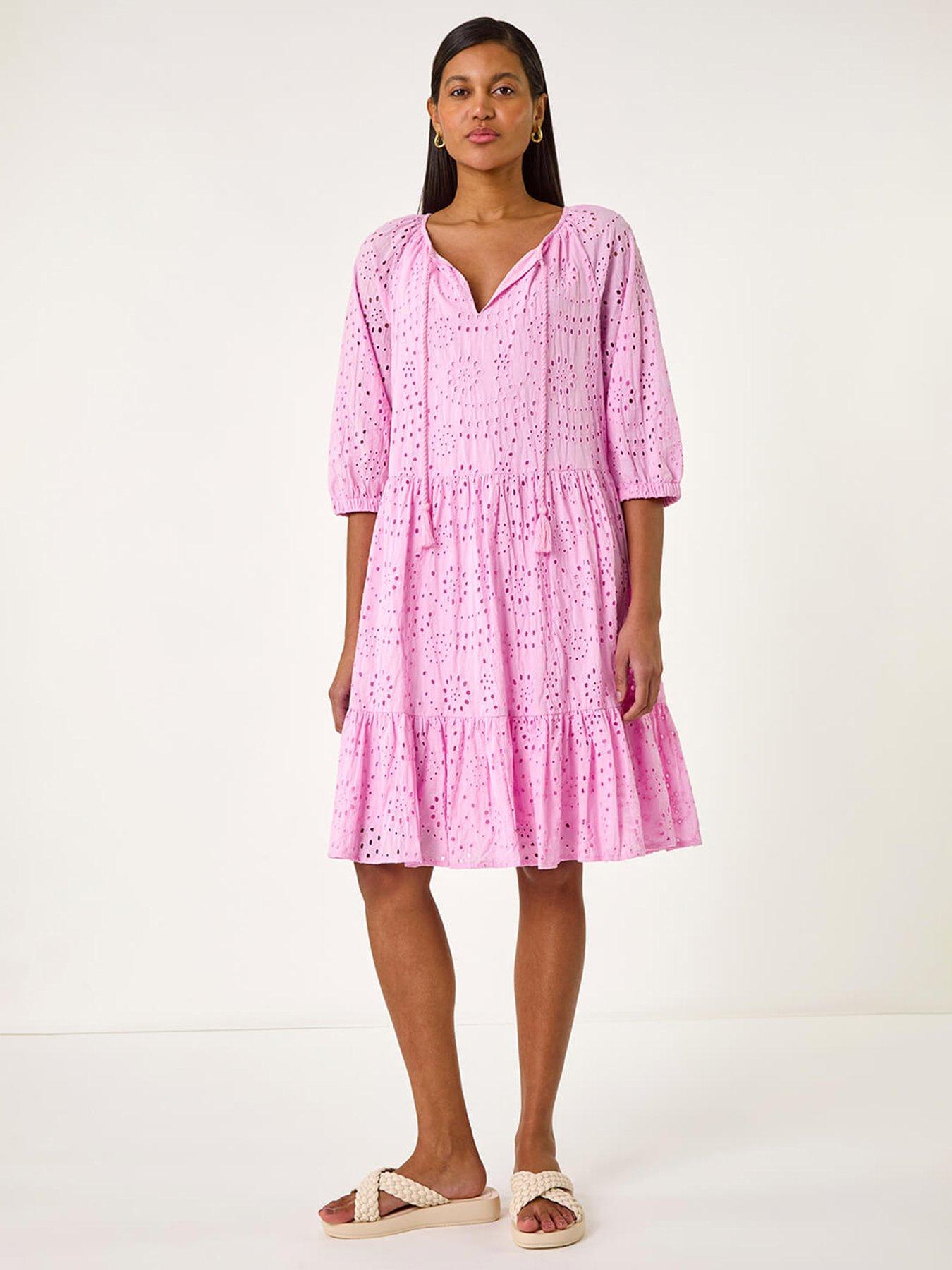 undefined Cotton Broderie Tiered Smock Dress - Pink