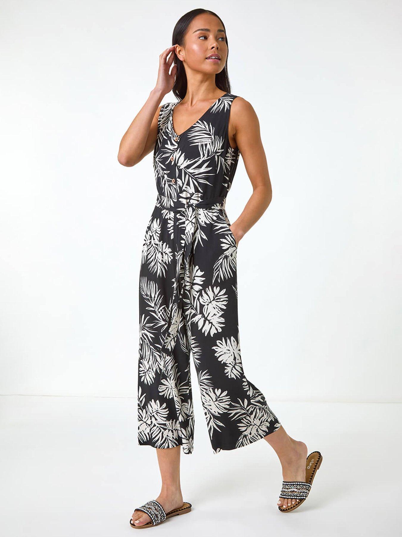 Roman Petite Leaf Print Cropped Jumpsuit Black Very