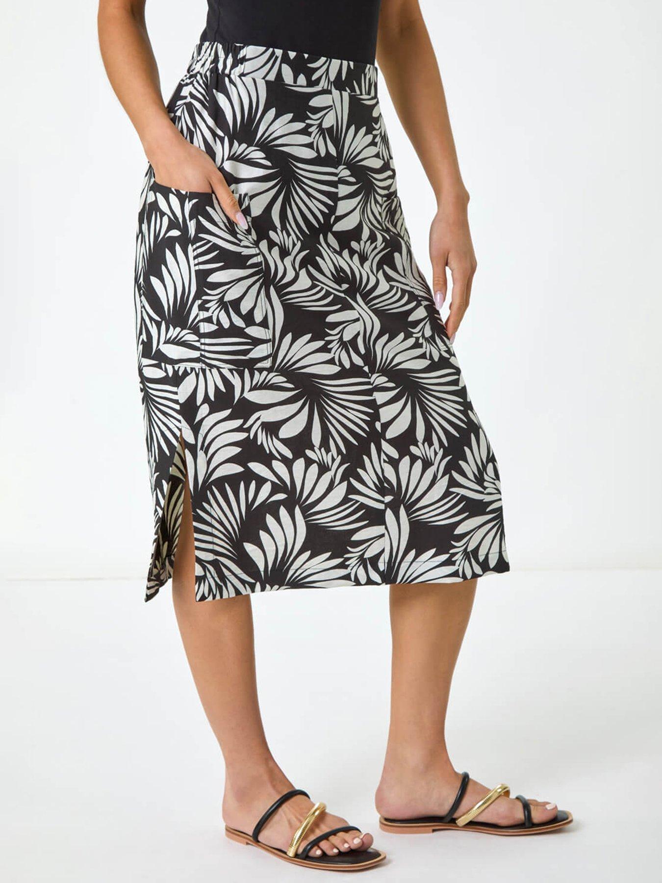 undefined Petite Leaf Print Linen Midi Skirt - Black
