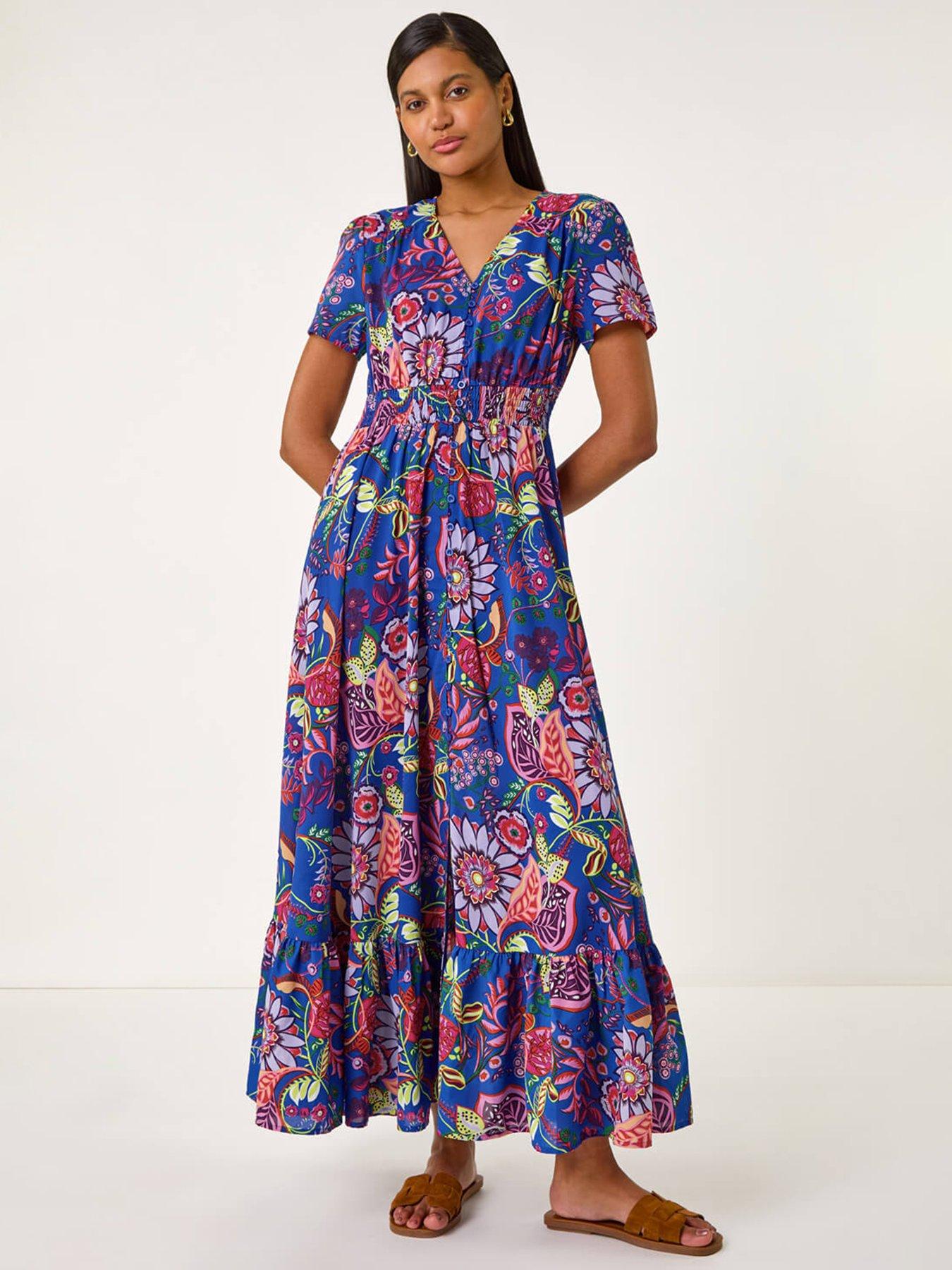 undefined Rose Print Button Detail Maxi Dress - Blue