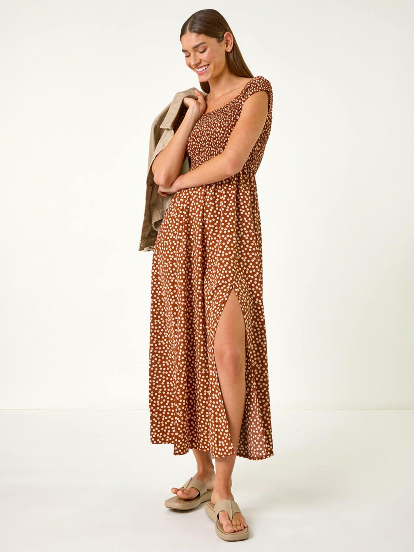undefined Spot Print Shirred Bardot Maxi Dress - Brown