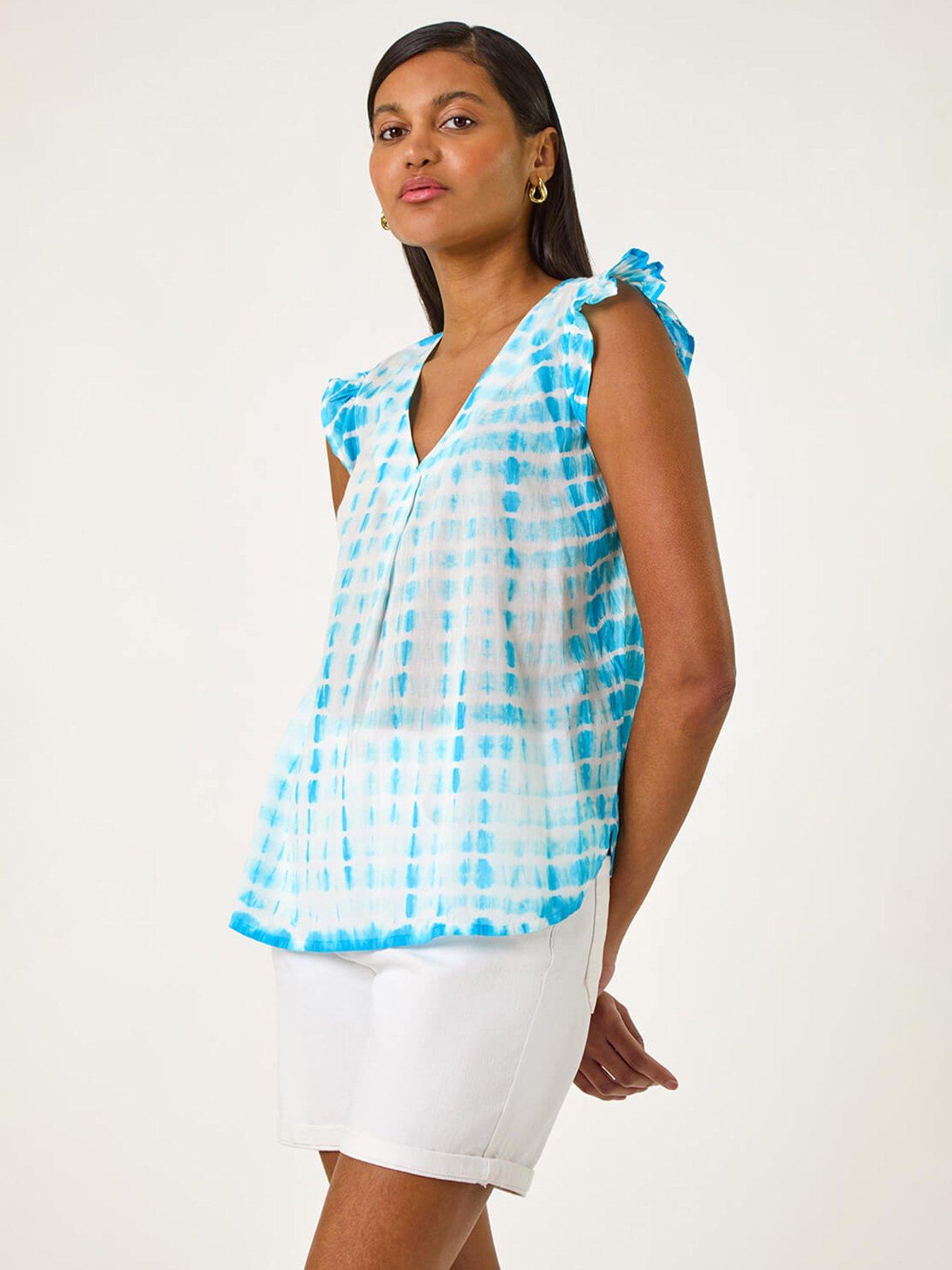 undefined Pleated Tie Dye Frill Top - Blue