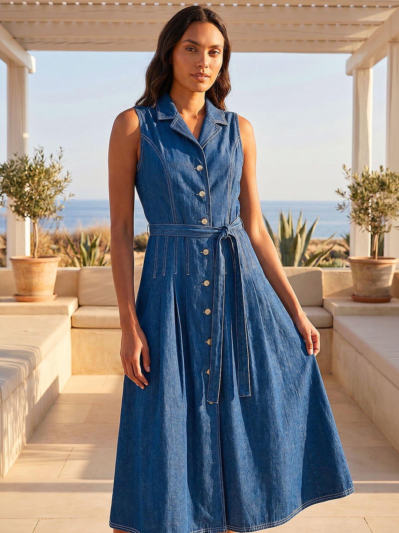 Roman Denim Button Through Midi Dress, Blue, Size 16, Women