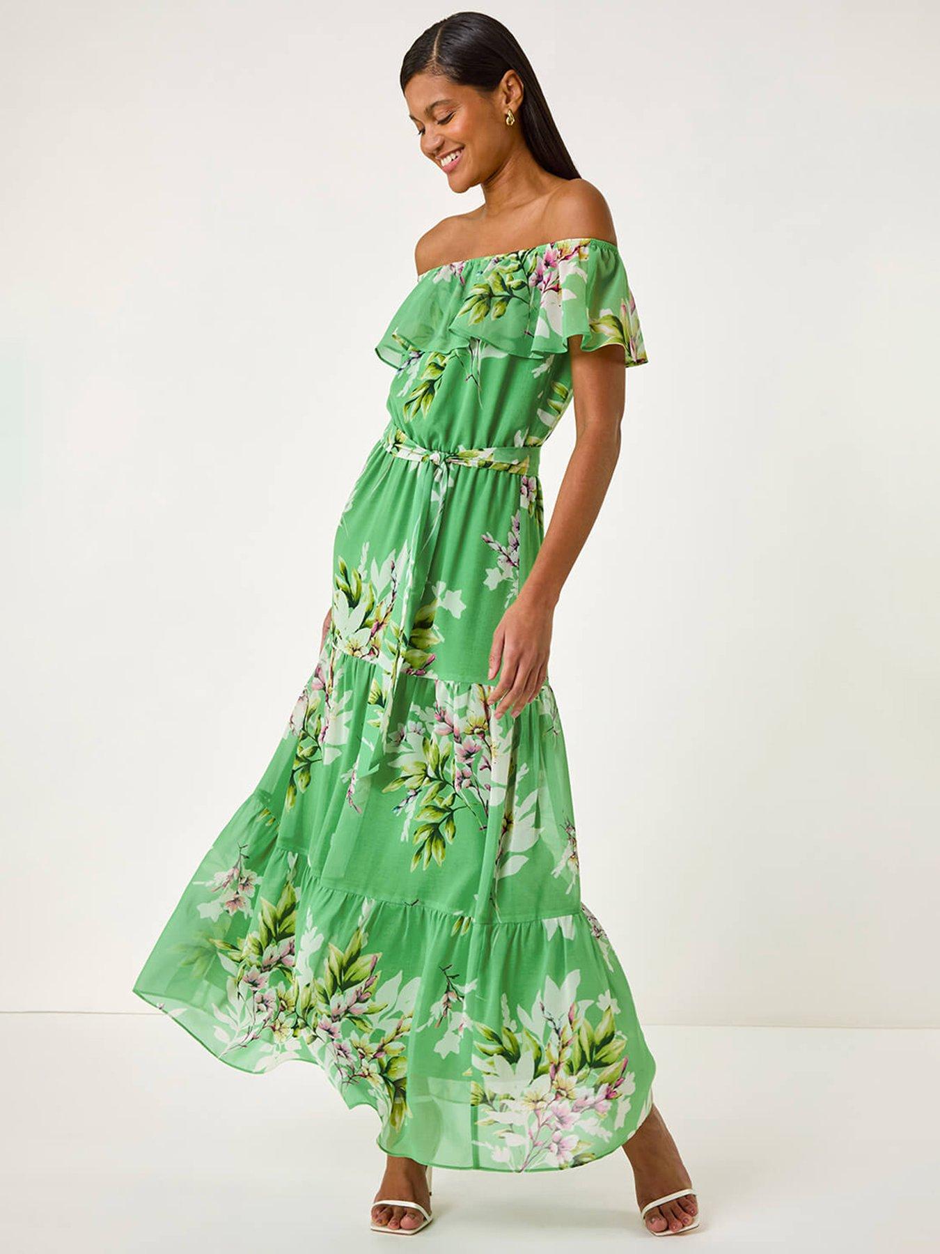undefined Floral Bardot Belted Maxi Dress - Green