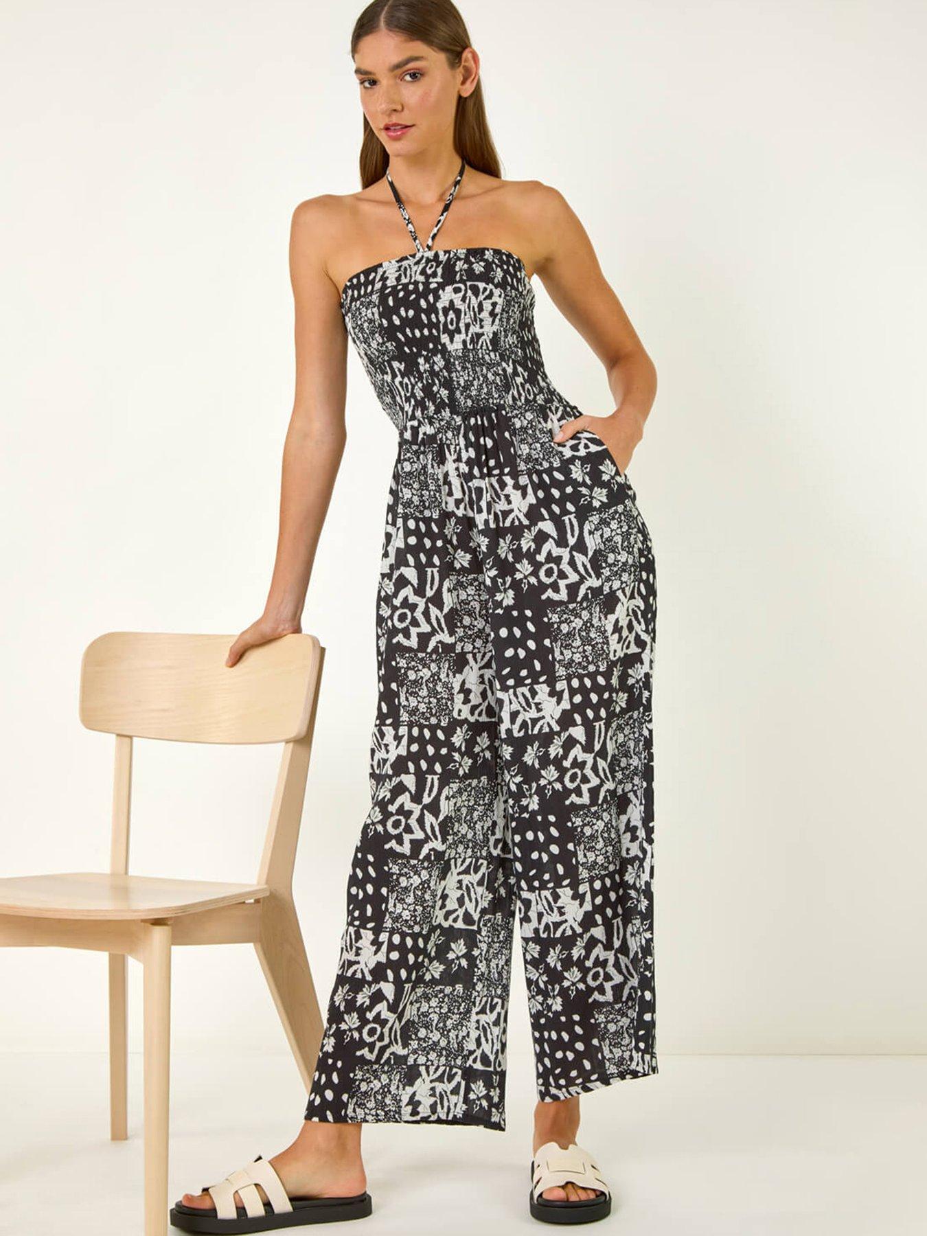 undefined Abstract Print Shirred Bandeau Jumpsuit - Black