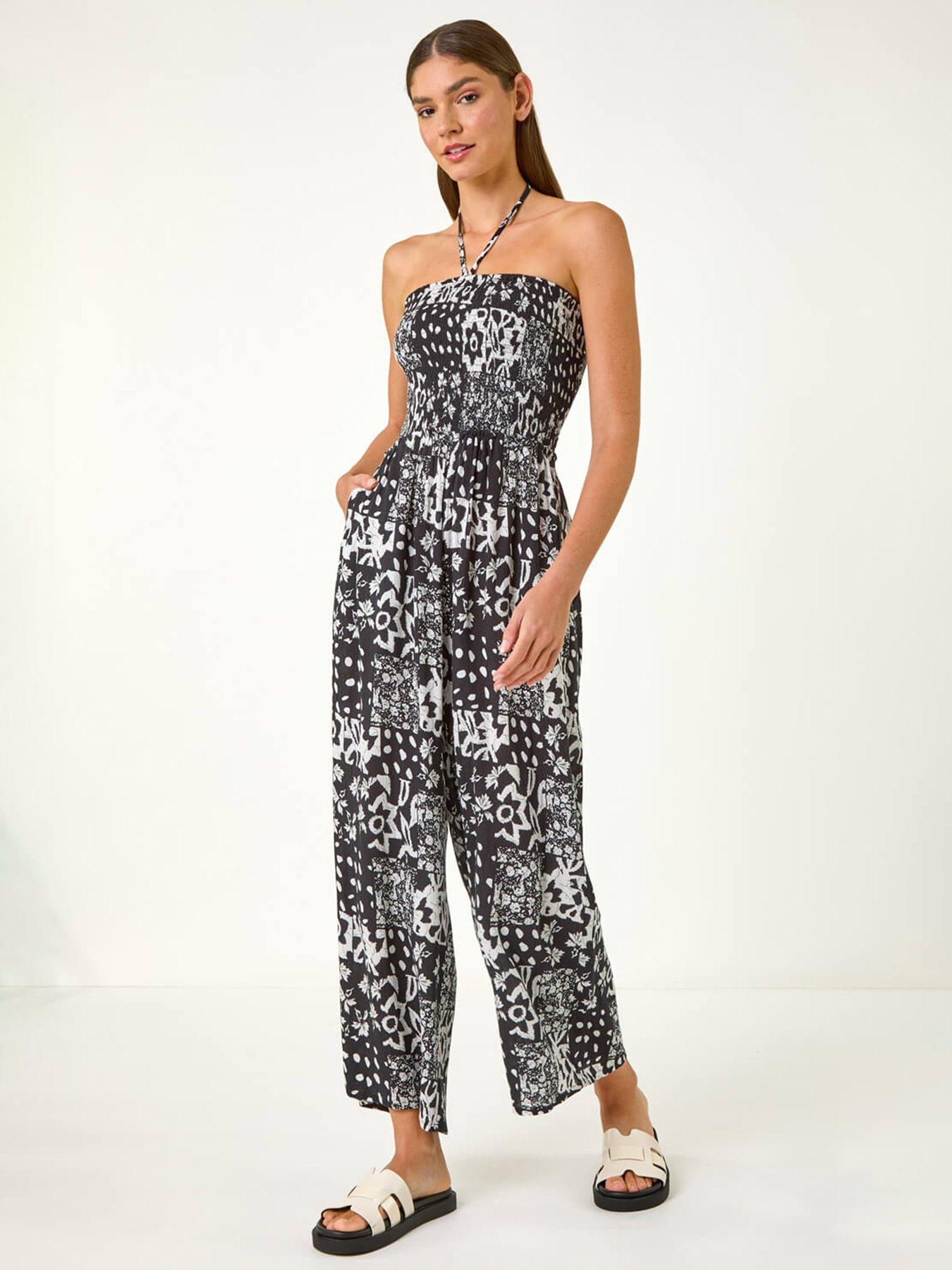 Roman Abstract Print Shirred Bandeau Jumpsuit - Black | Very