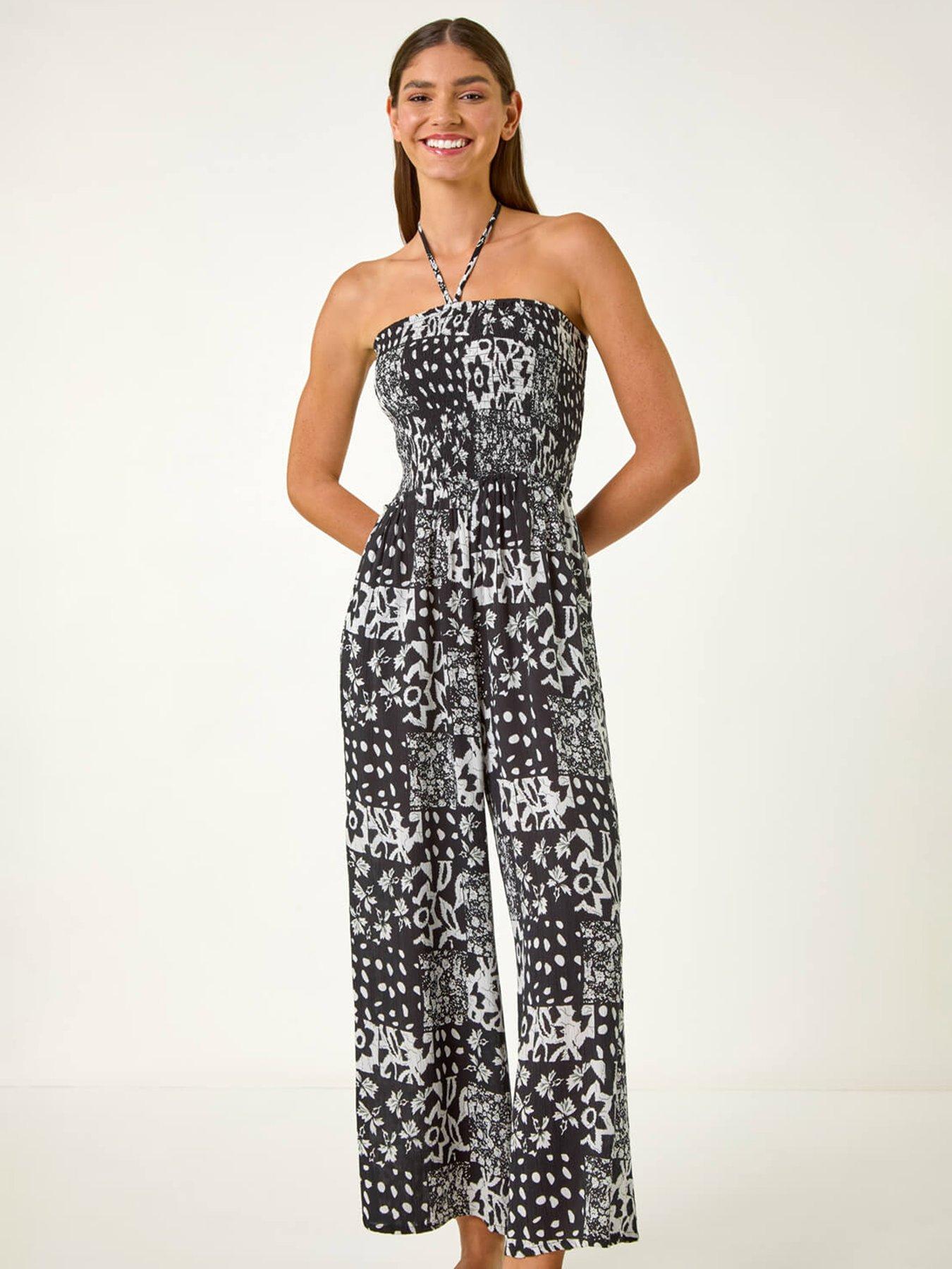 Roman Abstract Print Shirred Bandeau Jumpsuit - Black | Very