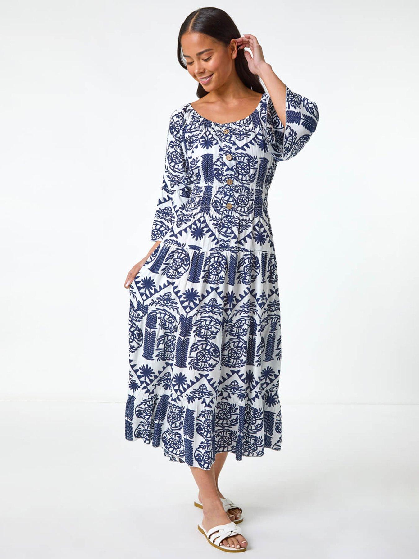undefined Petite Abstract Print Button Midi Dress - Navy