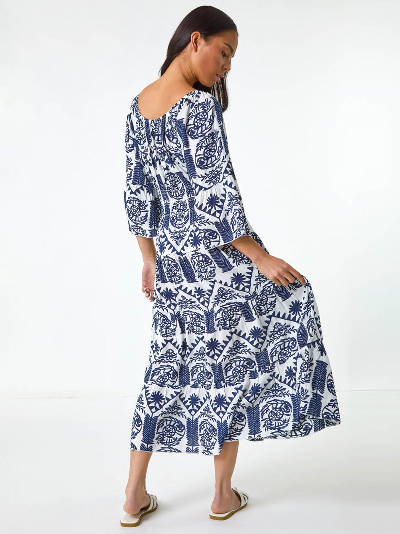 Image 2 of 5 of Roman Petite Abstract Print Button Midi Dress - Navy