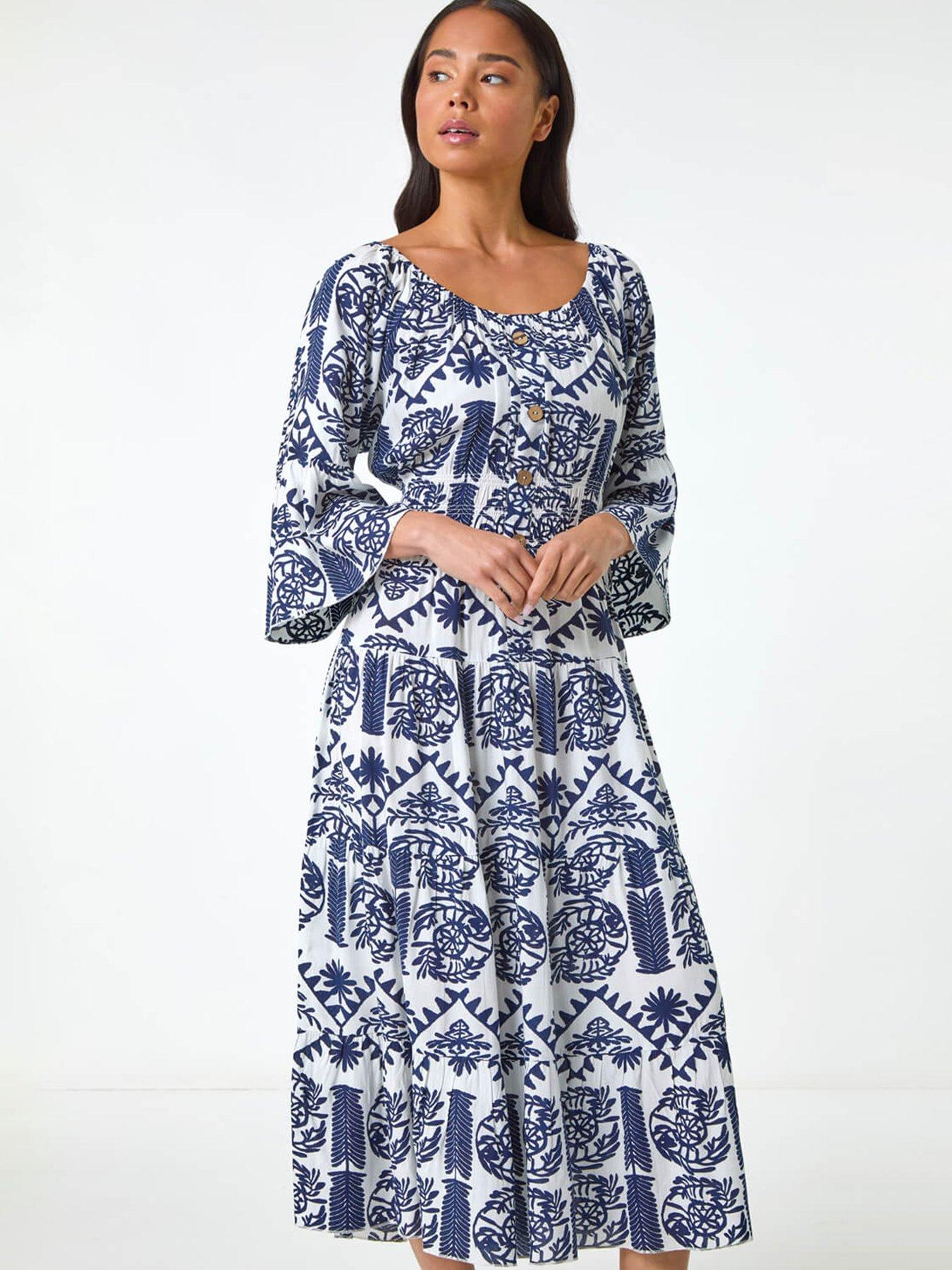 Image 3 of 5 of Roman Petite Abstract Print Button Midi Dress - Navy
