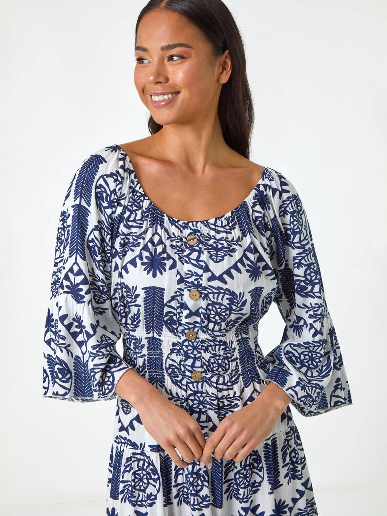 Image 5 of 5 of Roman Petite Abstract Print Button Midi Dress - Navy