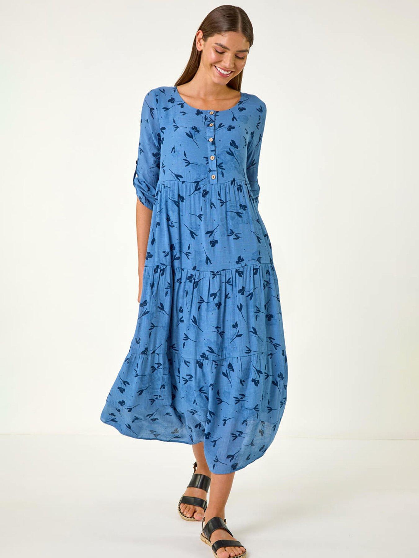 undefined Floral Print Button Midi Dress - Blue
