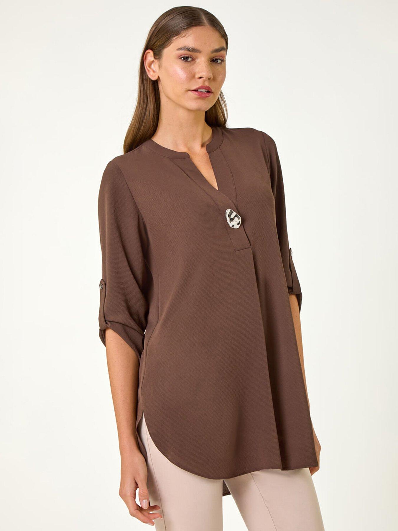 Image 1 of 5 of Roman Button Detail Longline Blouse - Brown