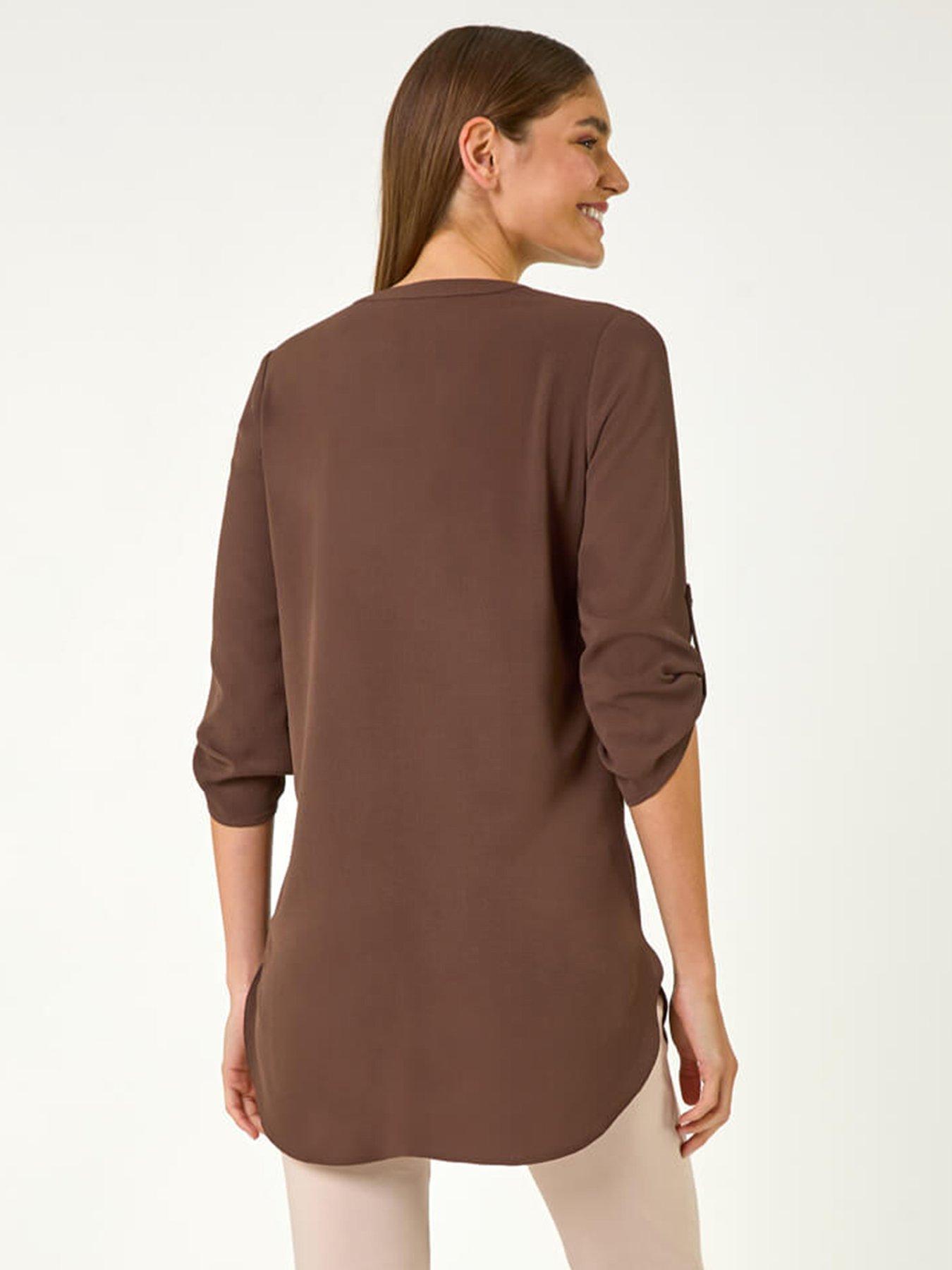 Image 2 of 5 of Roman Button Detail Longline Blouse - Brown