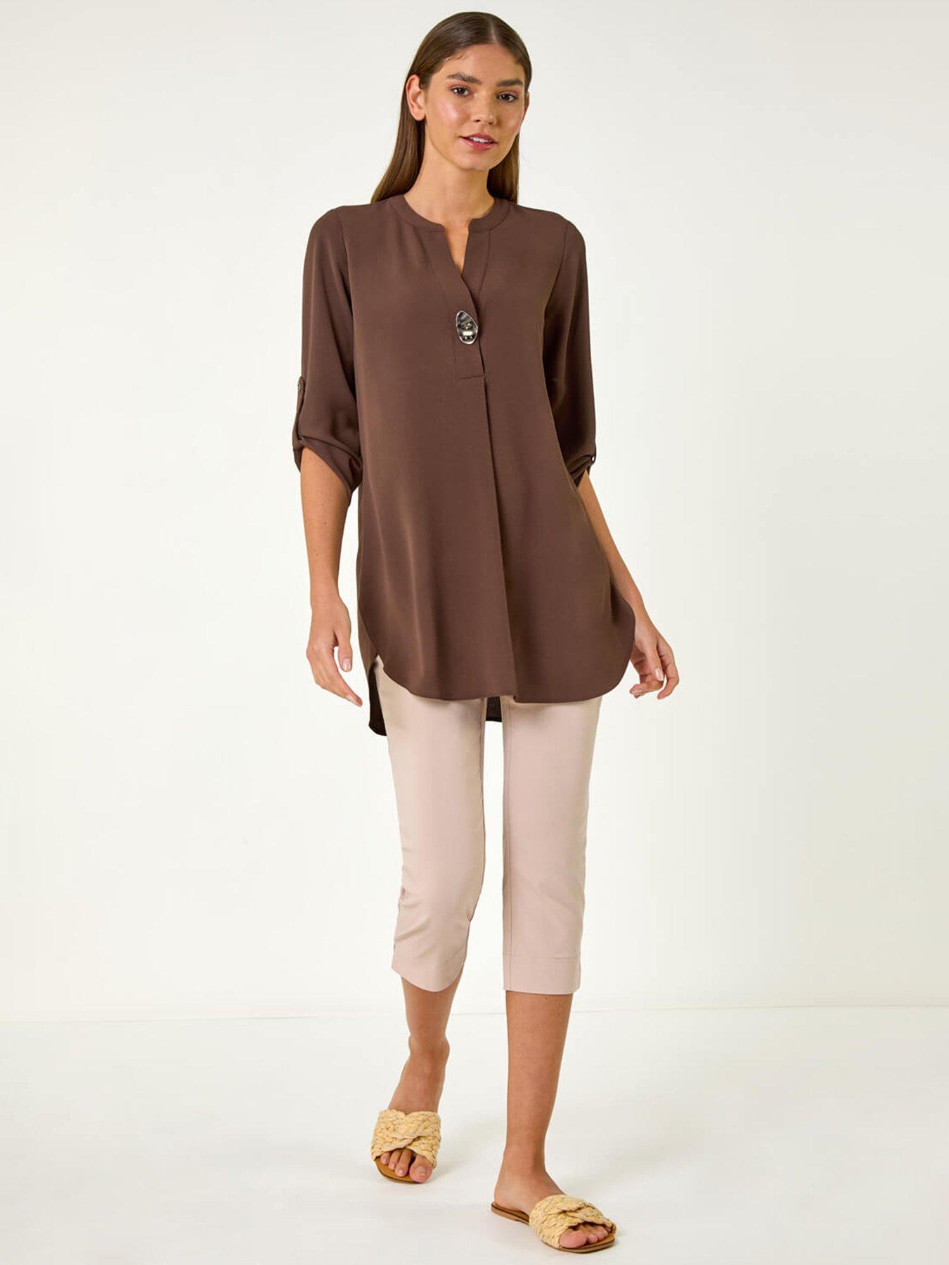 Image 3 of 5 of Roman Button Detail Longline Blouse - Brown