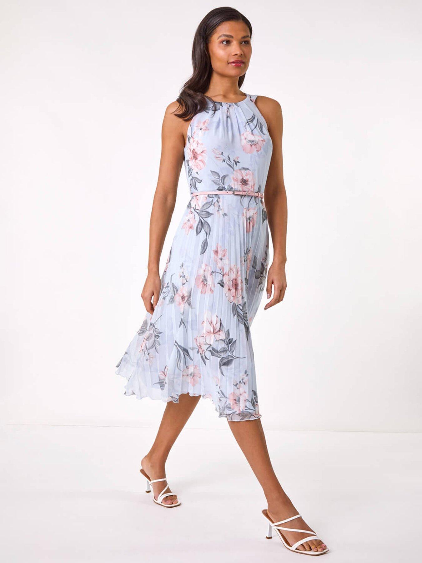 undefined Floral Pleated Halter Midi Dress - Grey
