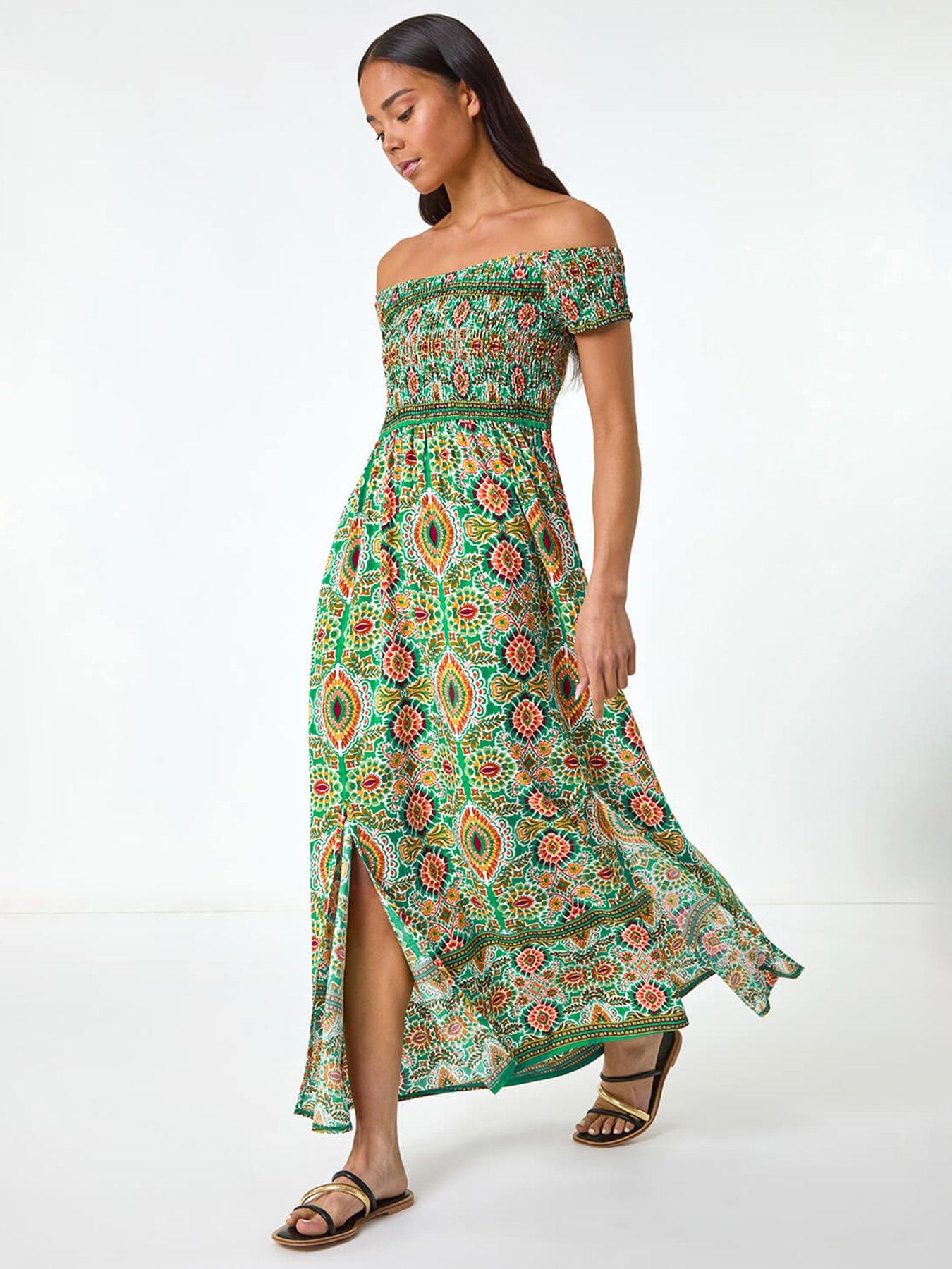 undefined Petite Abstract Bardot Midi Dress - Green