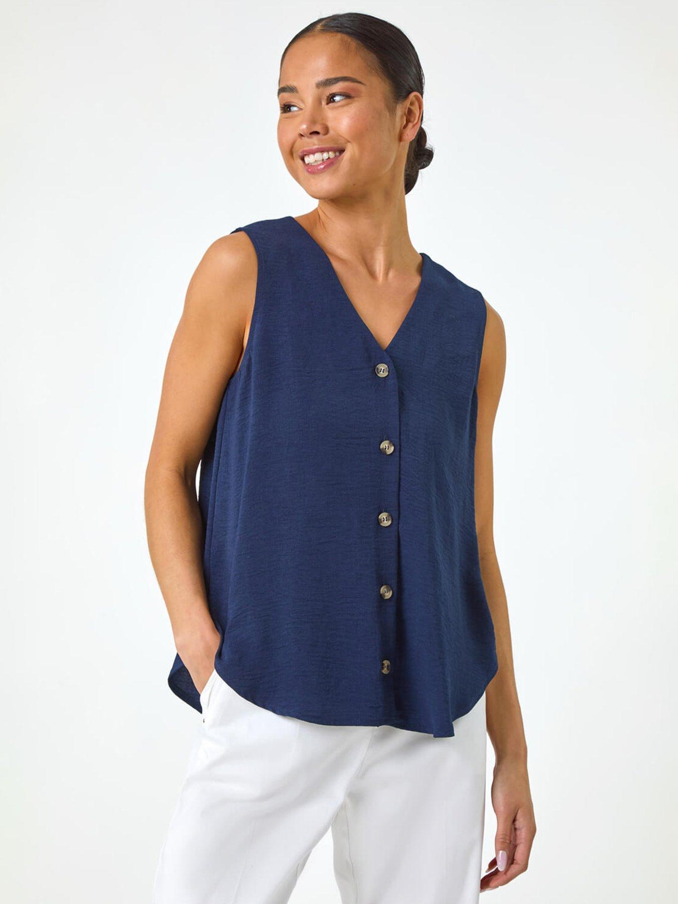 undefined Petite Buttoned Sleeveless Blouse - Navy