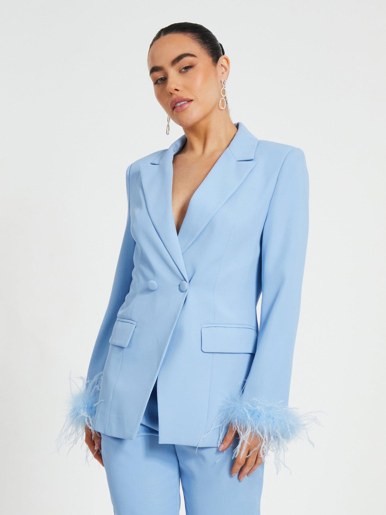 undefined Petite Light Blue Feather Trim Blazer
