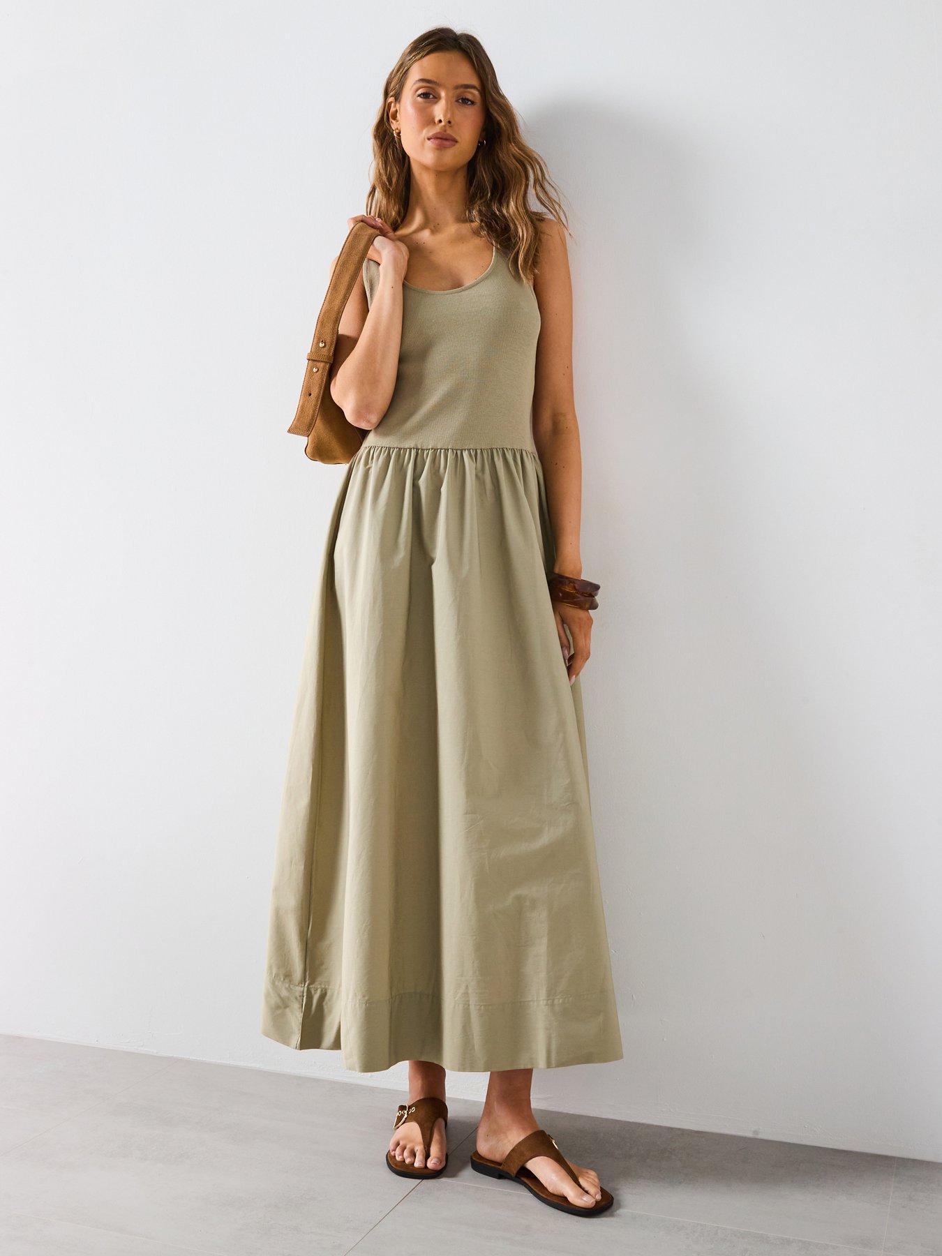 undefined Flared Dress In Combined Fabric - Khaki