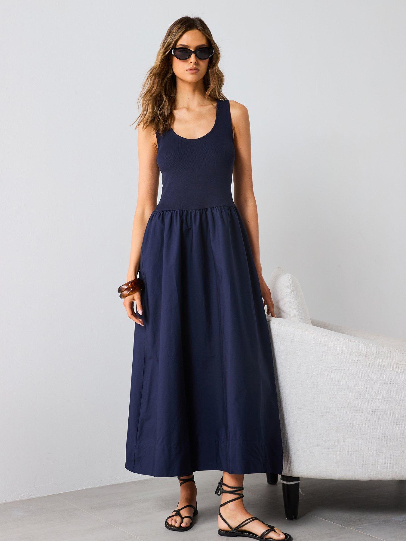undefined Flared Dress In Combined Fabric - Navy