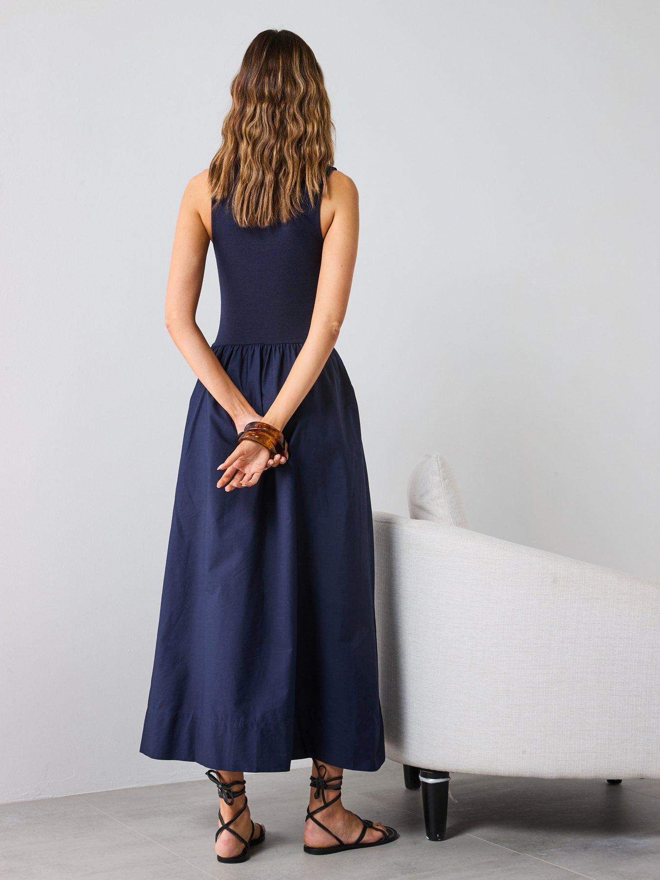Mango Flared Dress In Combined Fabric - Navy