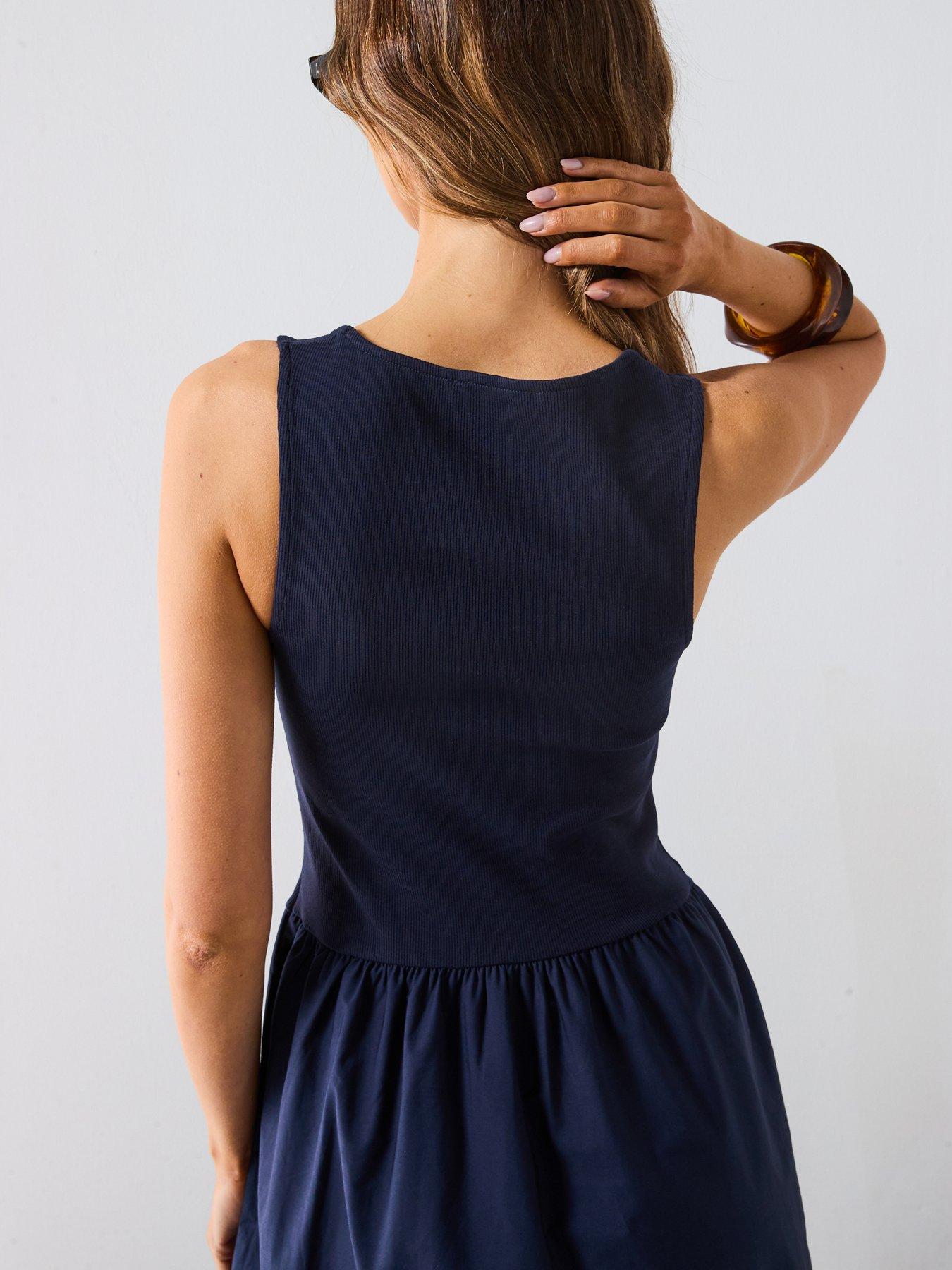 Mango Flared Dress In Combined Fabric - Navy | Very