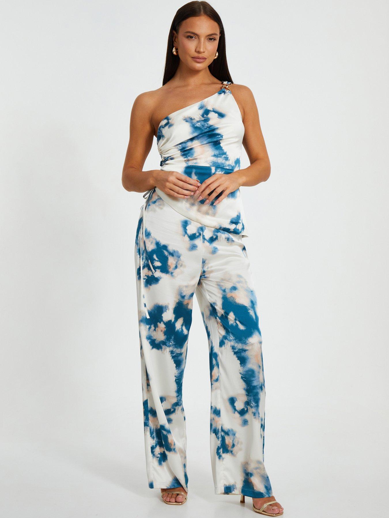 undefined Blue Marble Satin Ruched Top