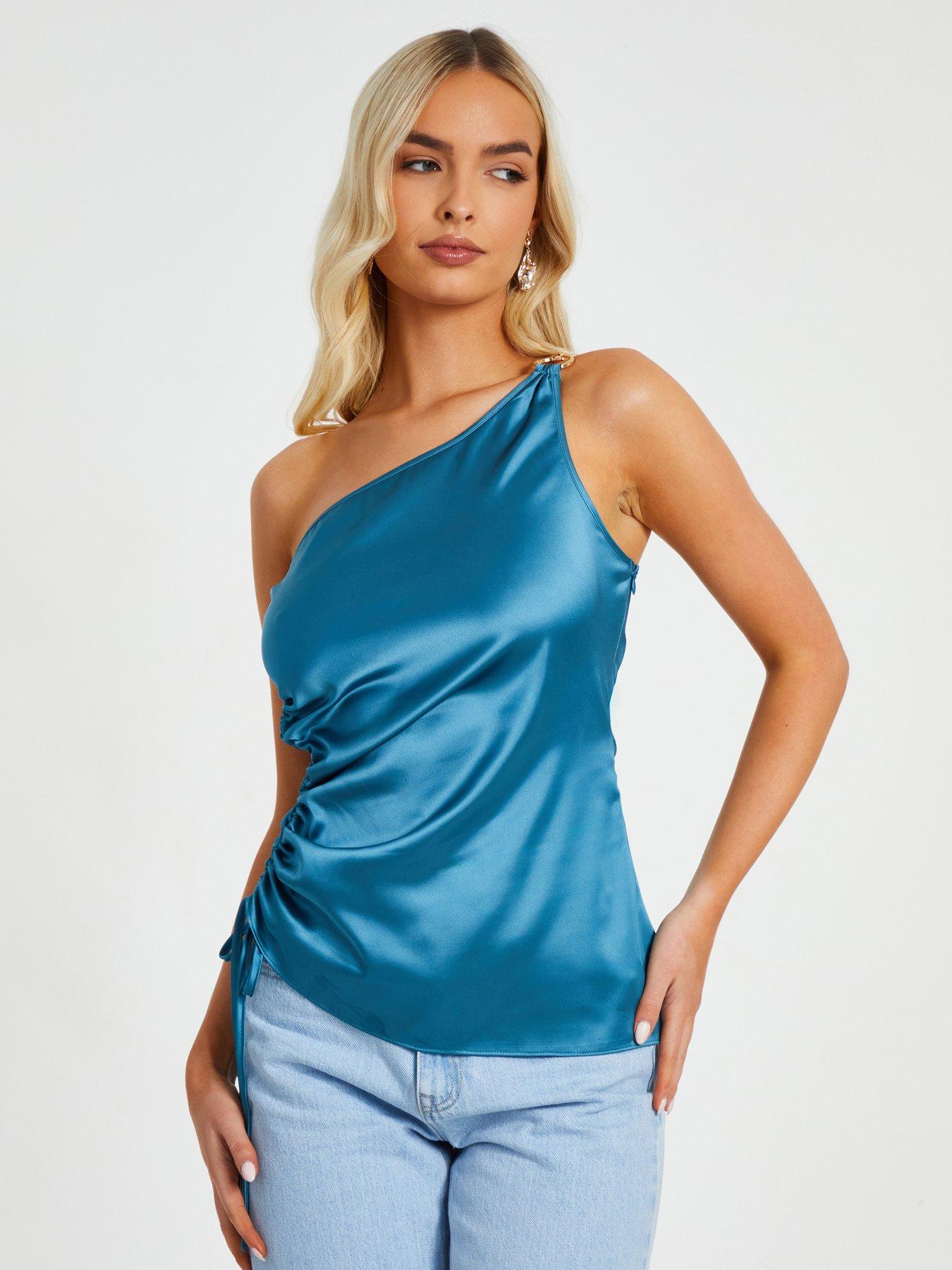 undefined Teal Satin One Shoulder Ruched Top