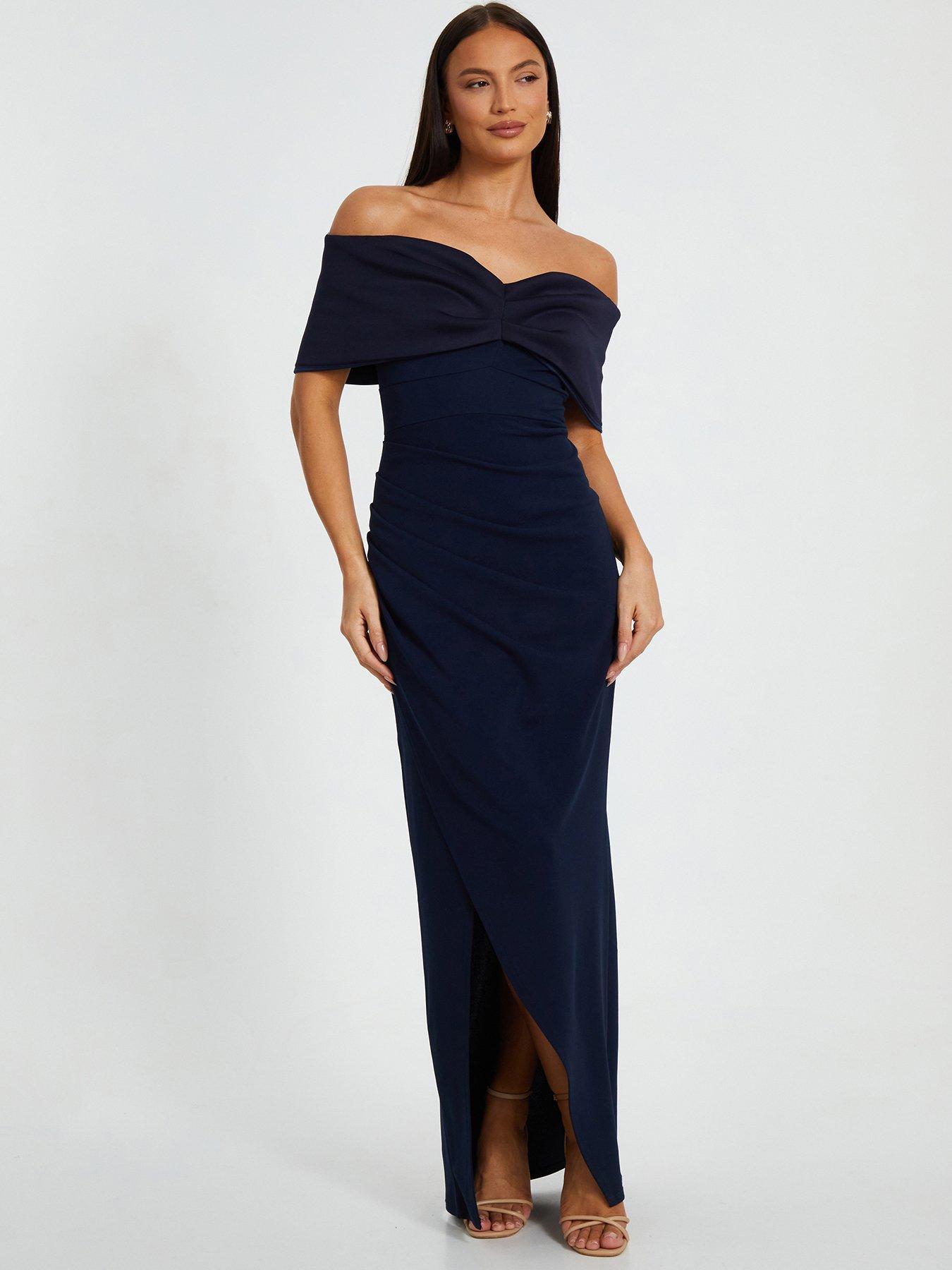 undefined Navy Bardot Front Wrap Maxi Dress