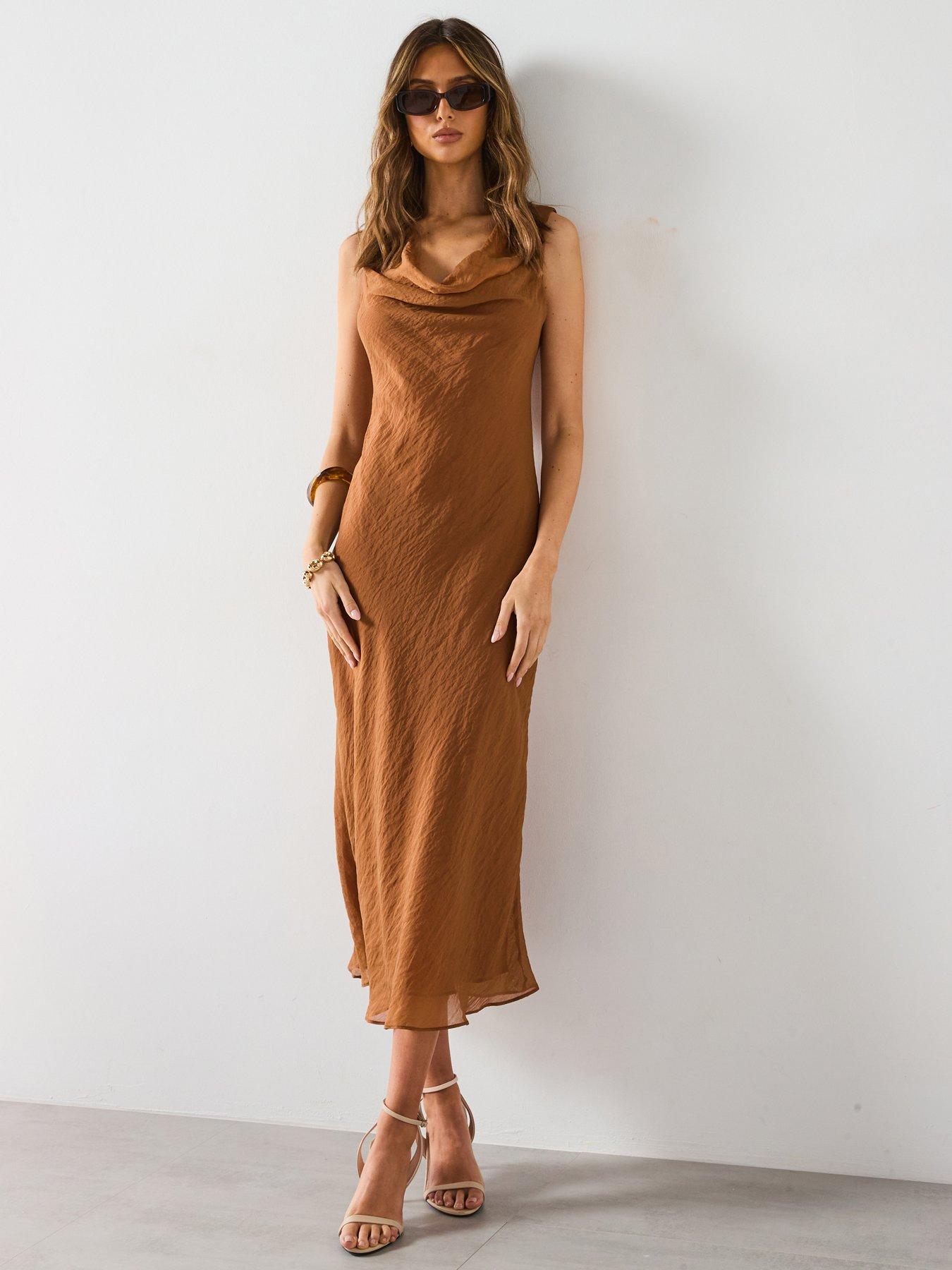 Mango Draped Neck Lyocell Dress - Brown