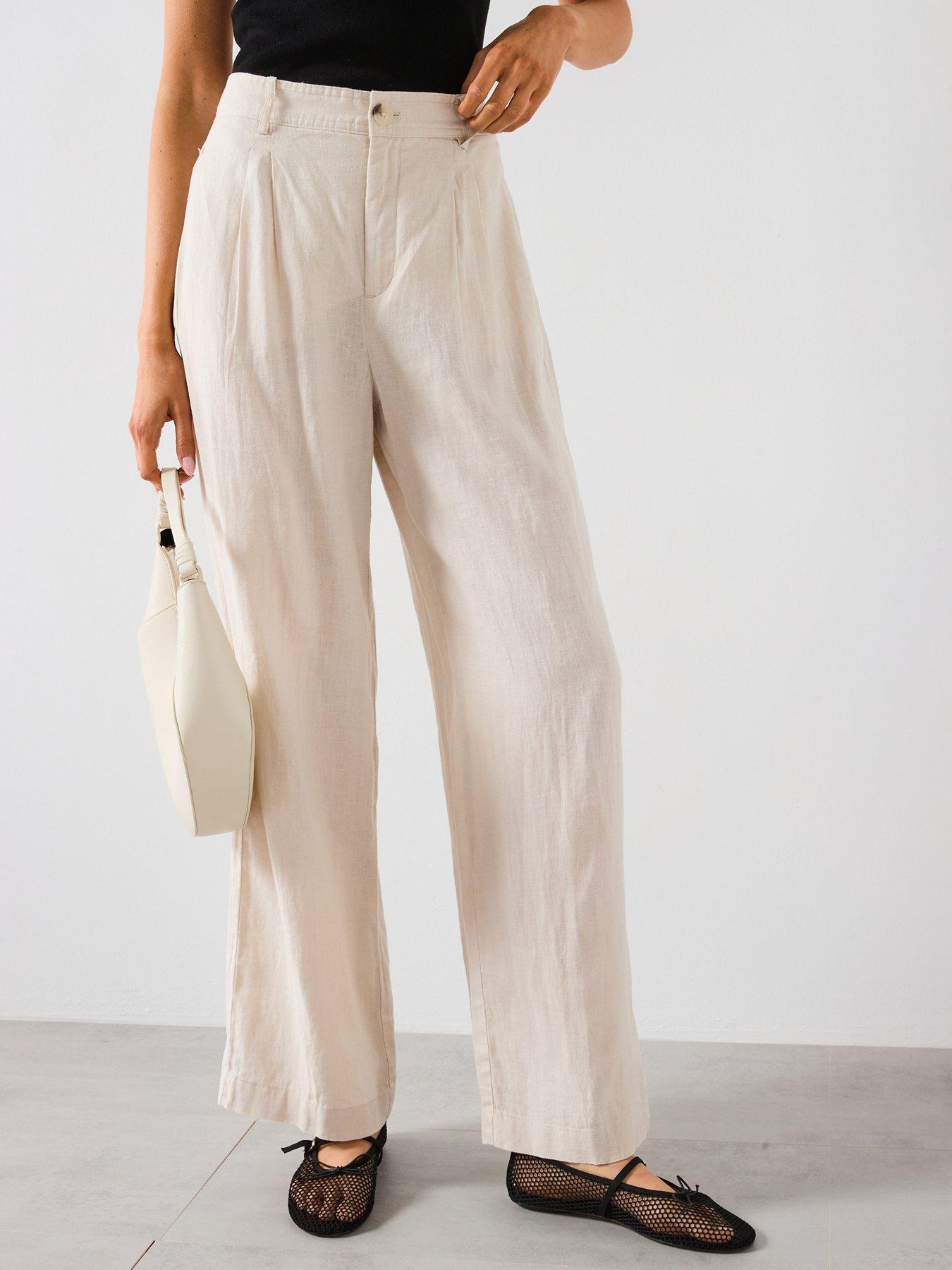 Image of Mango Linen Trousers With Tortoiseshell Button - Pastel