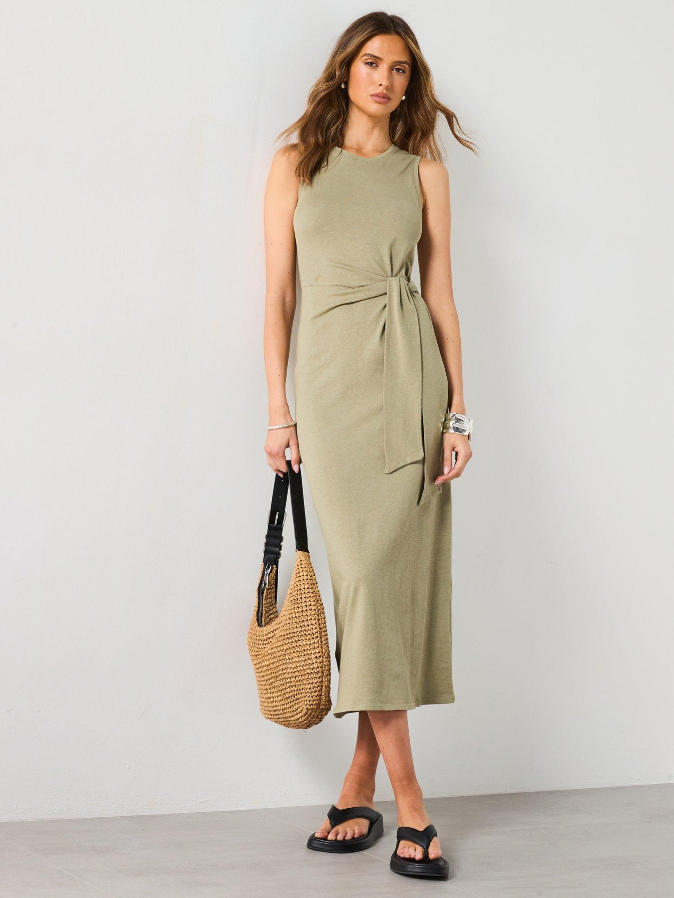 undefined Cotton Midi-Dress With Knot Detail - Khaki