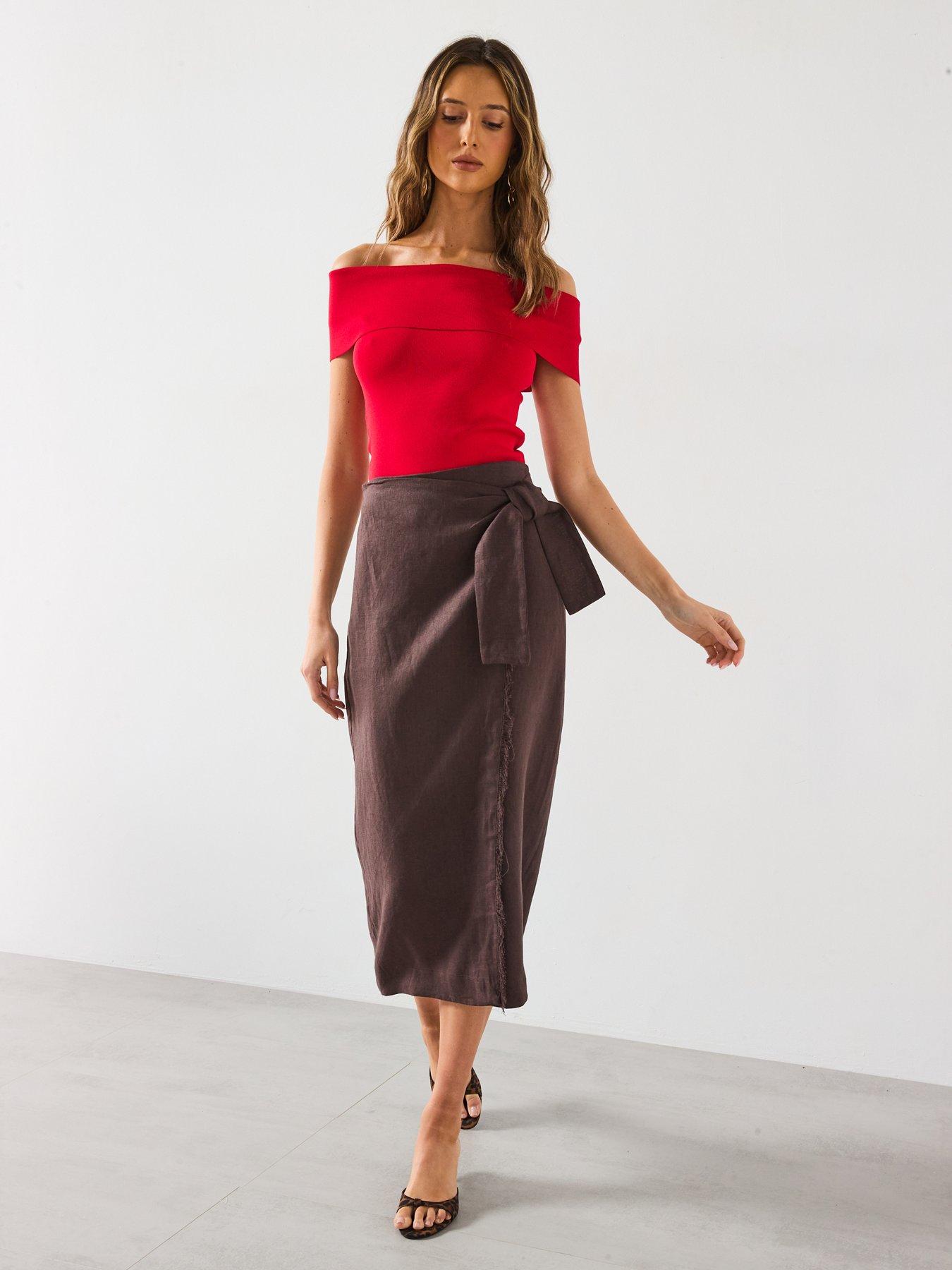 Image 3 of 5 of Mango Linen Sarong Skirt - Brown