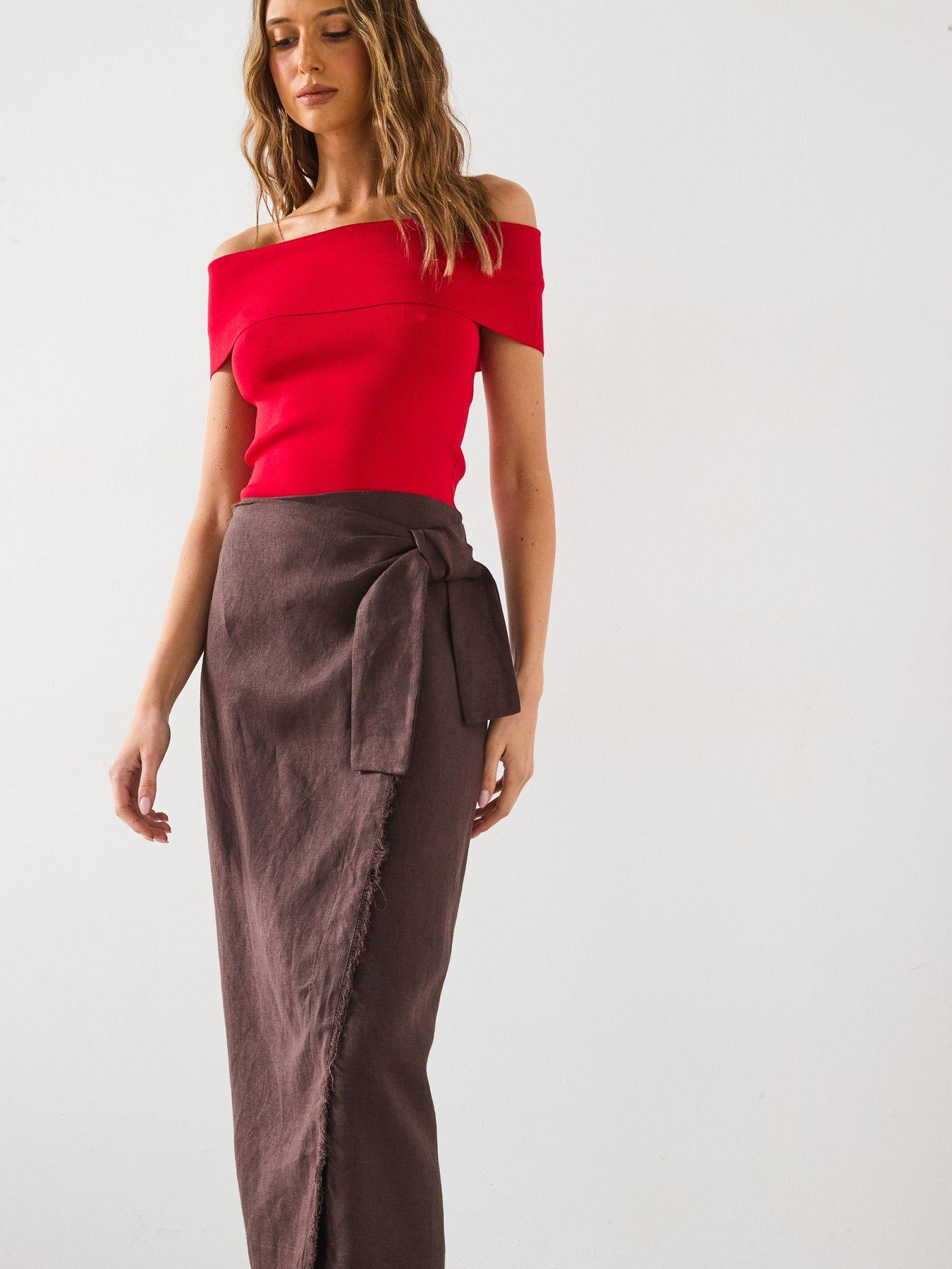 Image 4 of 5 of Mango Linen Sarong Skirt - Brown