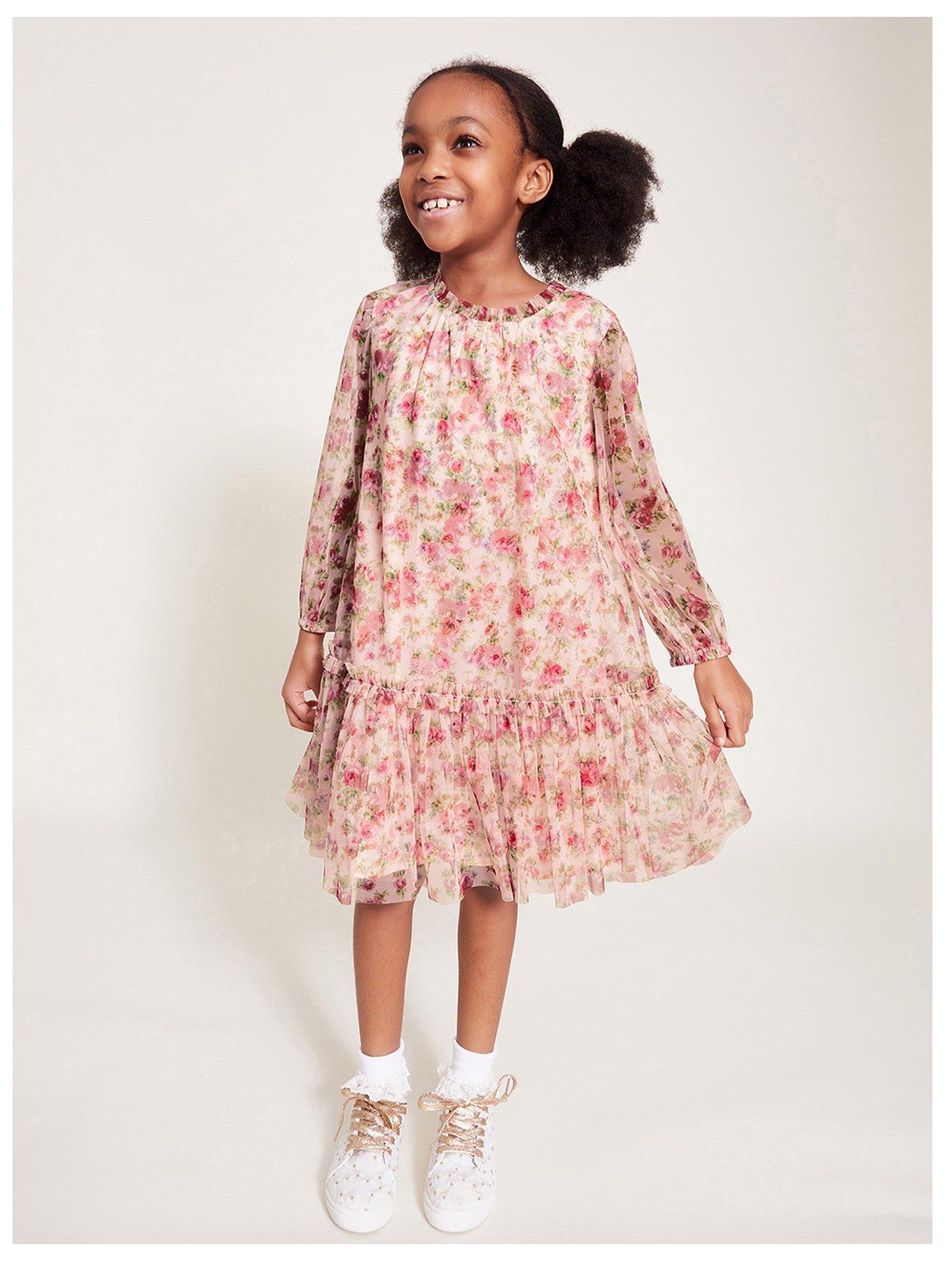 undefined Girls Long Sleeve Floral Frill Dress - Light Cream