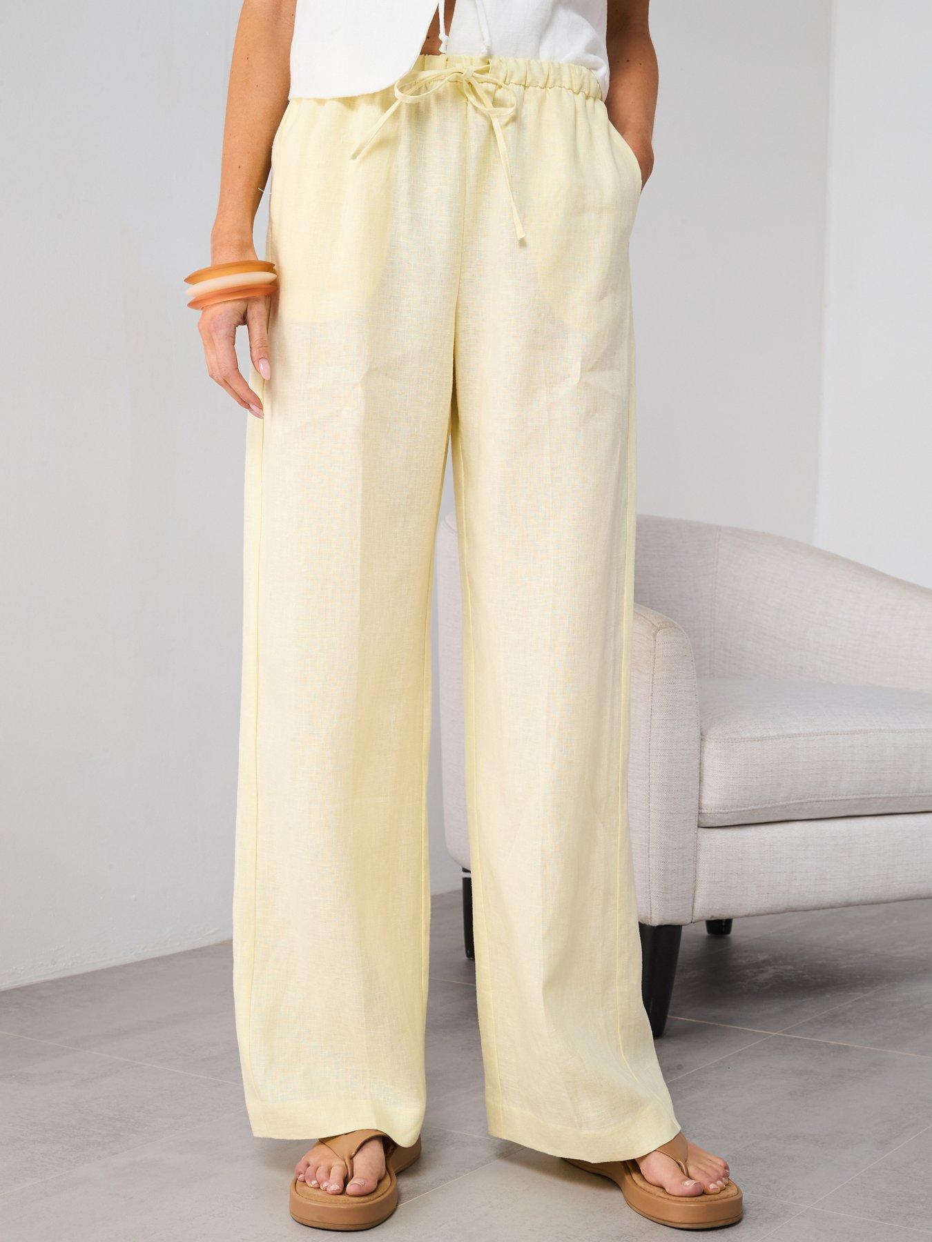 Image of Mango Straight Linen Pants With Bow - Yellow